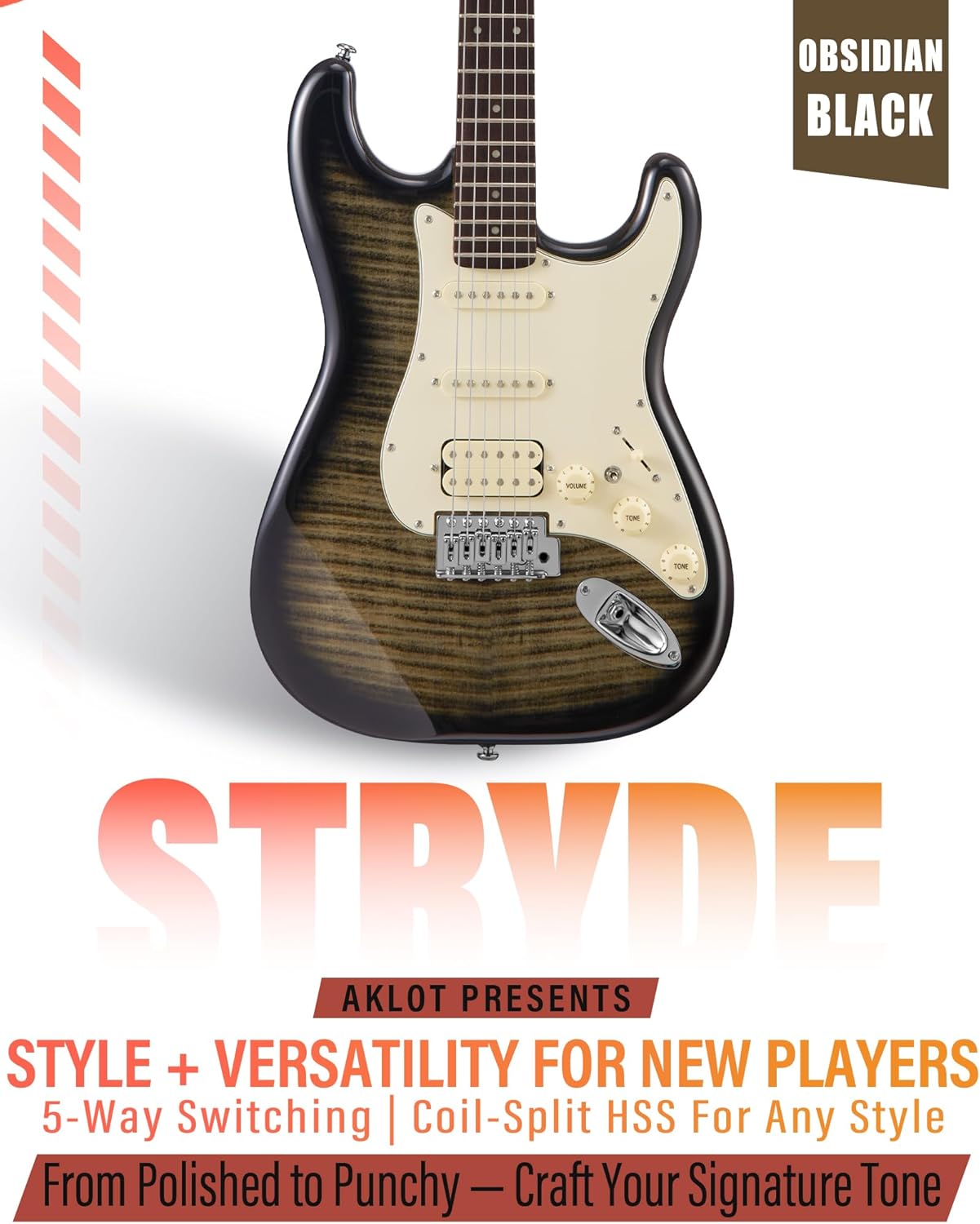 AKLOT Beginner Electric Guitar Kit: 10W Amp, Coil-Split HSS Pickups, Lesson Book, Roasted Maple Neck, Gig Bag, Tuner, Strap, Picks, Stryde Obsidian Black