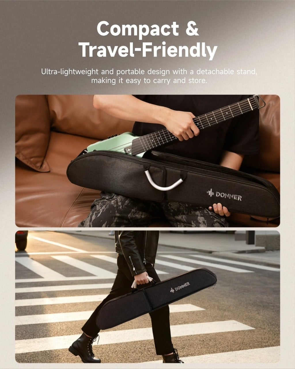 Donner HUSH-I Guitar For Travel, Portable Ultra-Light and Quiet Performance Headless Acoustic-Electric Guitar, Maple Body with Removable Frames, Gig Bag, and Accessories，Mint Green