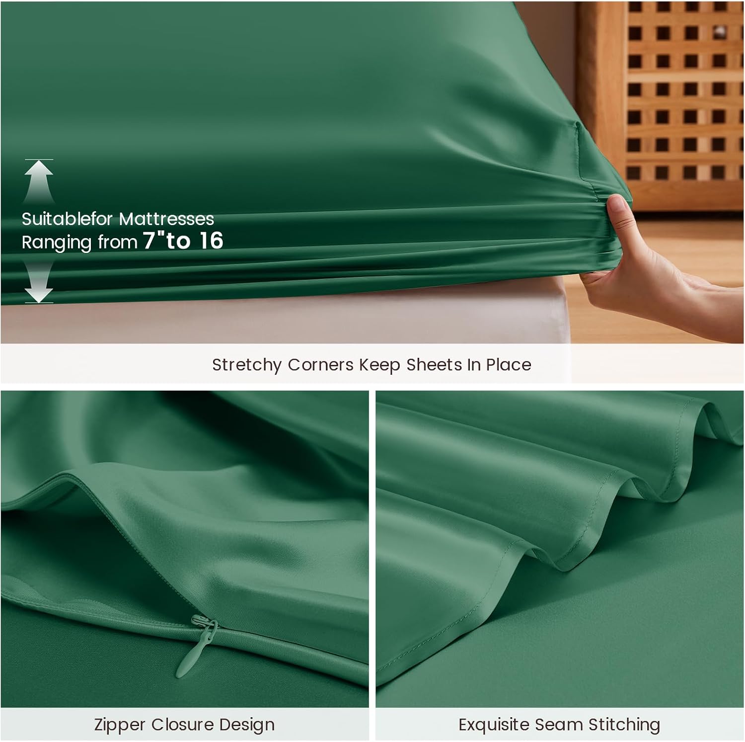 THXSILK 6A+ Top Grade 100% Pure Mulberry Silk King Fitted Sheet 3Pcs Set Bed Sheets Luxury Bedding for Hair and Skin Healthy Natural Materials, 1 Fitted Sheet with 2 Pillowcases, Emerald Green