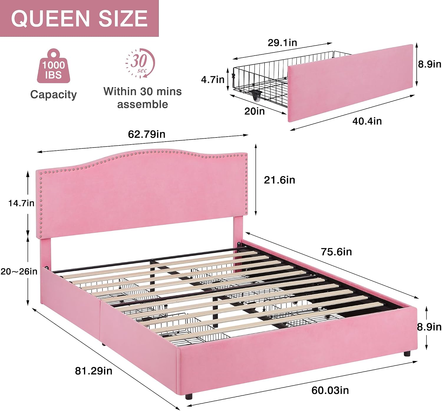 VECELO Queen Bed Frame, Platform Bed Frame with 4 Underbed Storage Drawers & Adjustable Height Upholstered Headboard, Heavy-Duty Frame and Strong Wooden Slats Support, Noise-Free, Easy Assembly, Pink