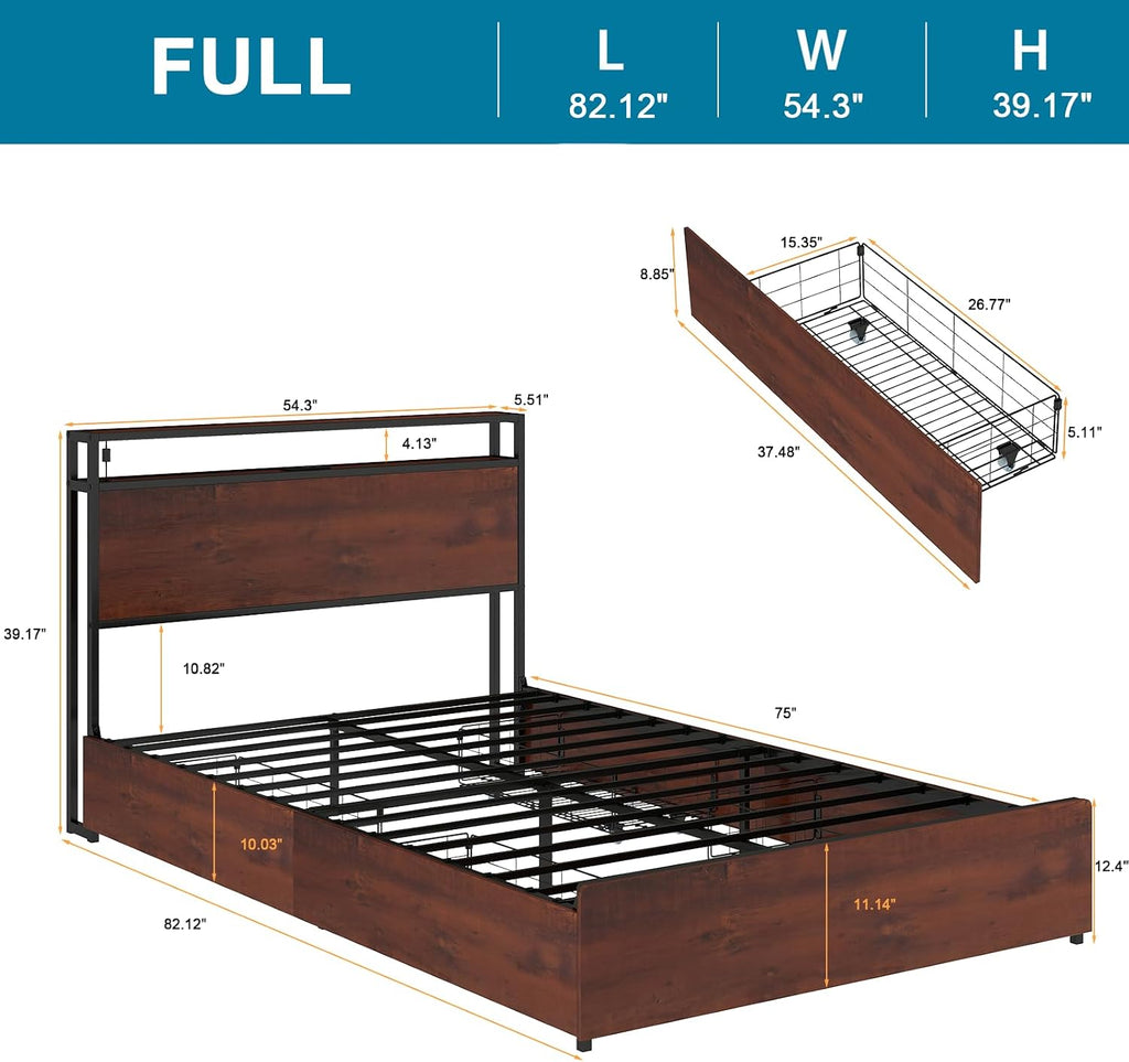 Kiivakii Full Size Bed Frame with 4 Storage Drawers, LED Platform Bed with Headboard, Built in Charging Station, Noise-Free, Metal Support Base, No Box Spring Needed, Red Brown