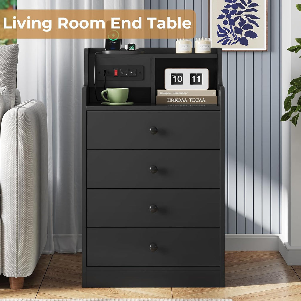 ADORNEVE Black Nightstand Set of 2,Night Stand with Charging Station & Hutch,Bedside Table with 4 Drawers,Large Nightstands Set of 2,Night Stands for Bedrooms,Side Tables Bedroom