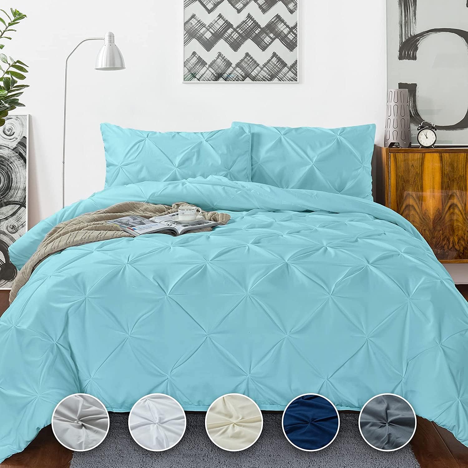 Crown Collection Luxuriate Hotel 1000-TC Hypoallergenic Ultra Soft Design 100% Egyptian Cotton Pinch Plated Duvet Cover with Zipper Colser & 2pcs Pillow Case Set (Oversize 98x120, Aqua)