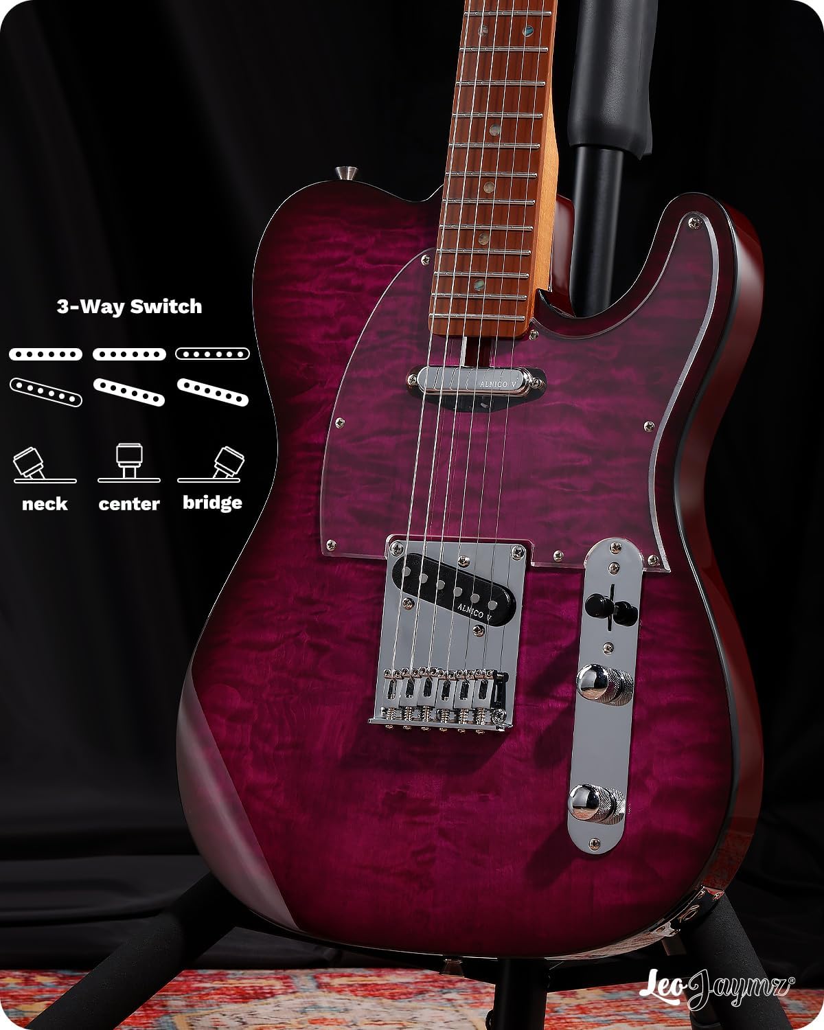 Leo Jaymz TL Electric Guitar - Flame Maple Top, Mahogany Body, Maple Neck - Alnico V Pickups, Locking Tuners - Solid Choice for Beginners & Intermediate Players (Purple Ocean)