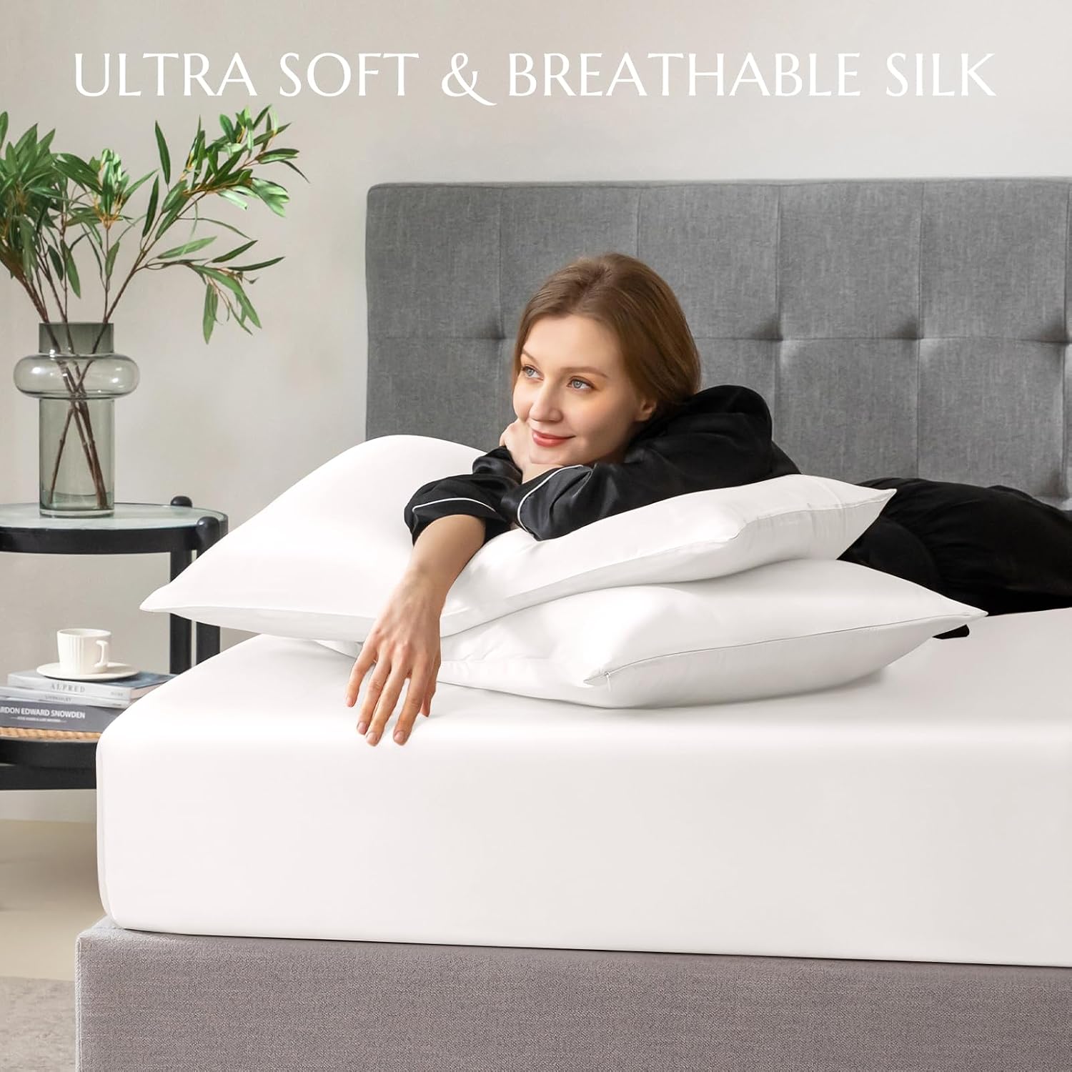THXSILK 100% Mulberry Silk Fitted Sheet Set, 7A+ Silk 3 Pieces Bed Sheets, Breathable, Smooth, 16 Inch Deep Pocket Fitted Sheet, 2 Pillowcases - White, California King