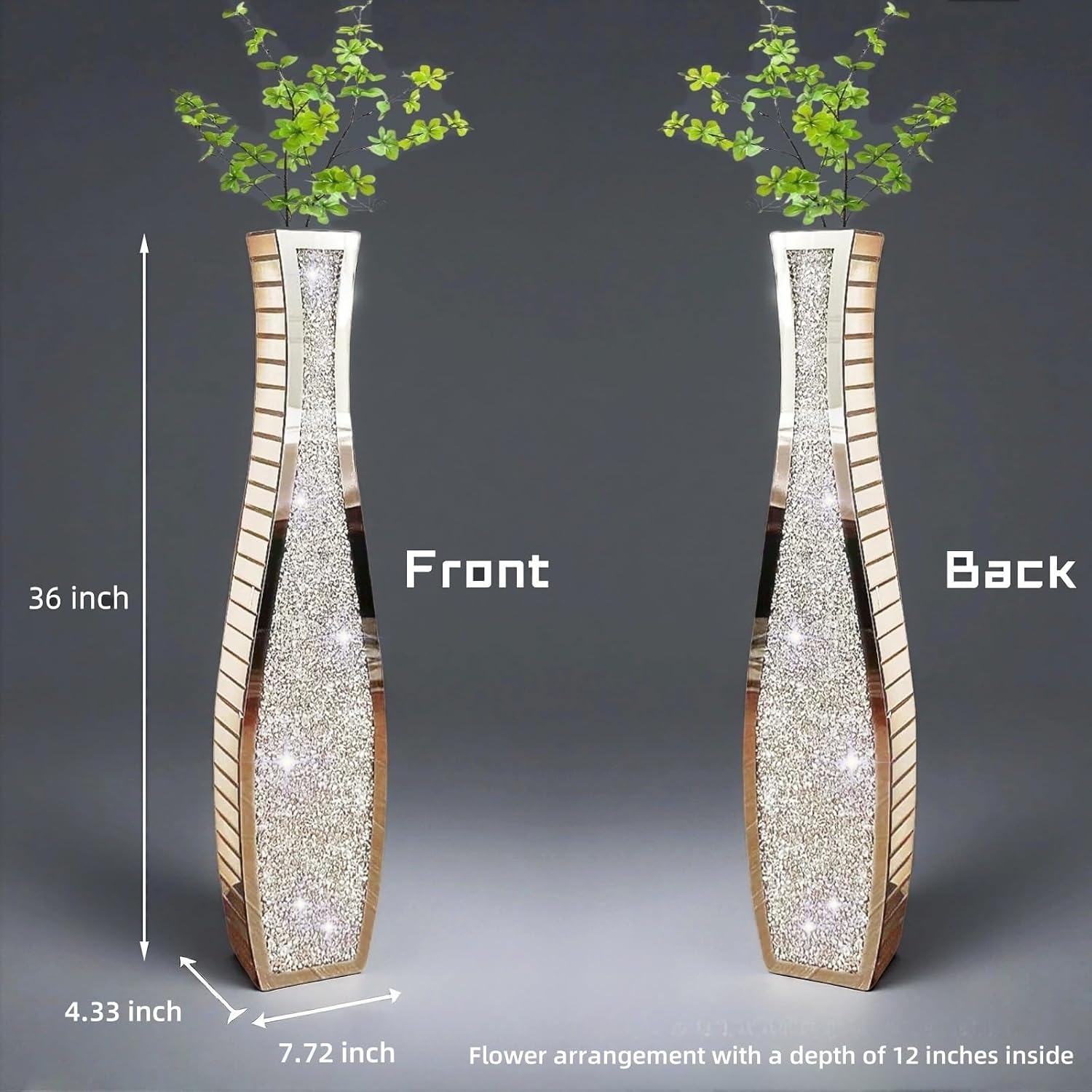 36' Extra Tall Double Sided Crushed Diamond Vases, Mirrored Silver Vase,Floor Vases Decorative Tall, Large Decorative Vase for Home,Office,Hotel Decor(7.72' L x4.33 W x 36' H)