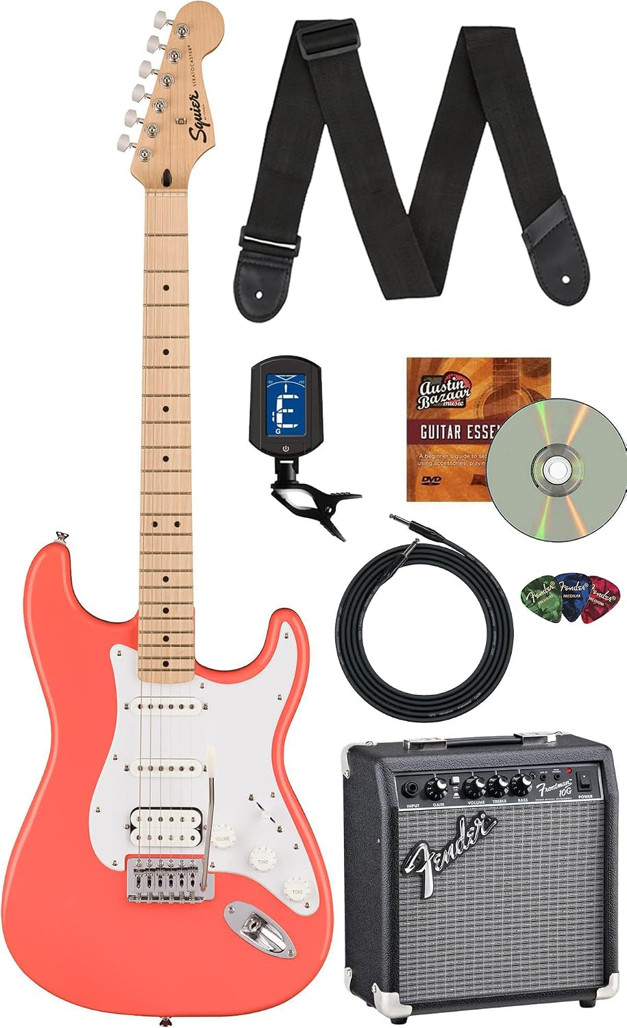 Fender Squier Sonic Stratocaster HSS - Tahitian Coral Bundle with Frontman 10G Amp, Tuner, Strap, Cable, Picks, and Austin Bazaar Guitar DVD