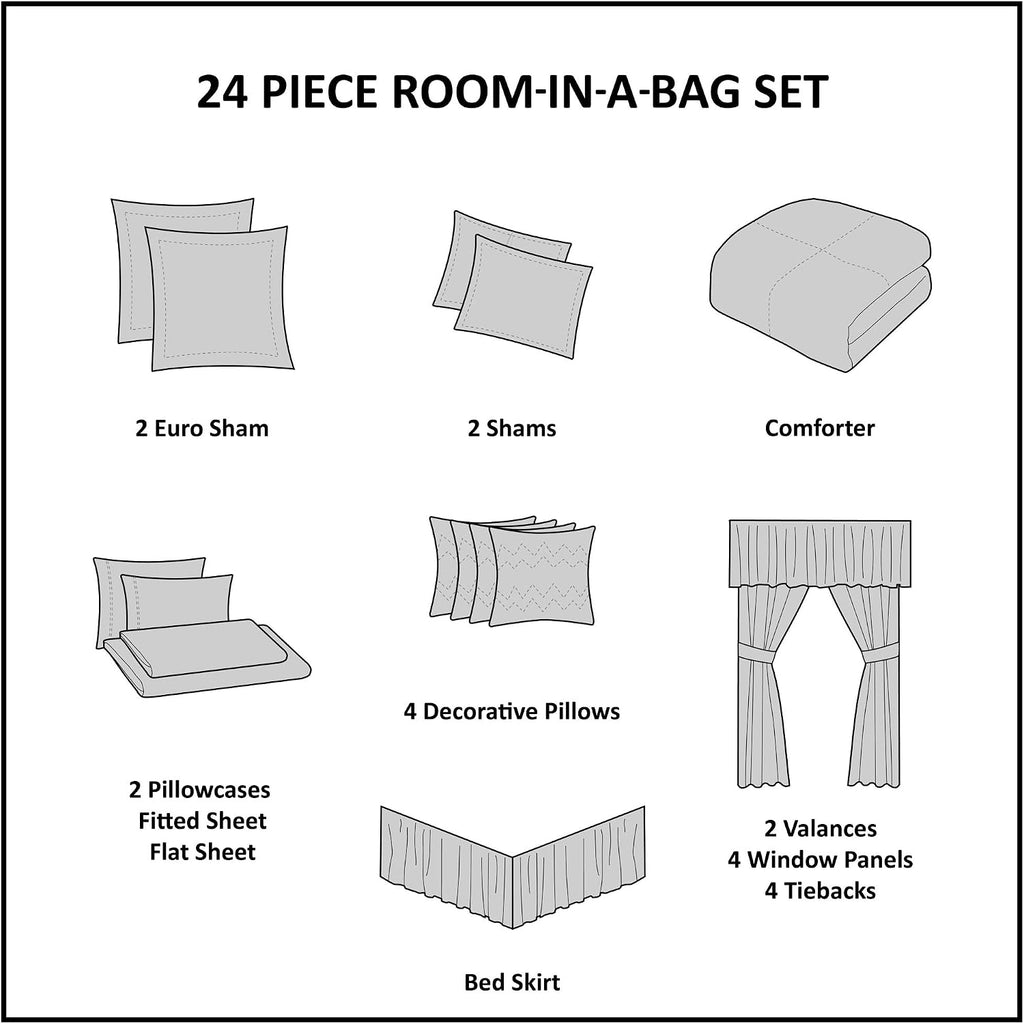 Madison Park Essentials Room in a Bag Faux Silk Comforter Set - Luxe Diamond Tufting All Season Bedding, Matching Curtains, Decorative Pillows, Ivory Cal King(104'x92') 24 Piece