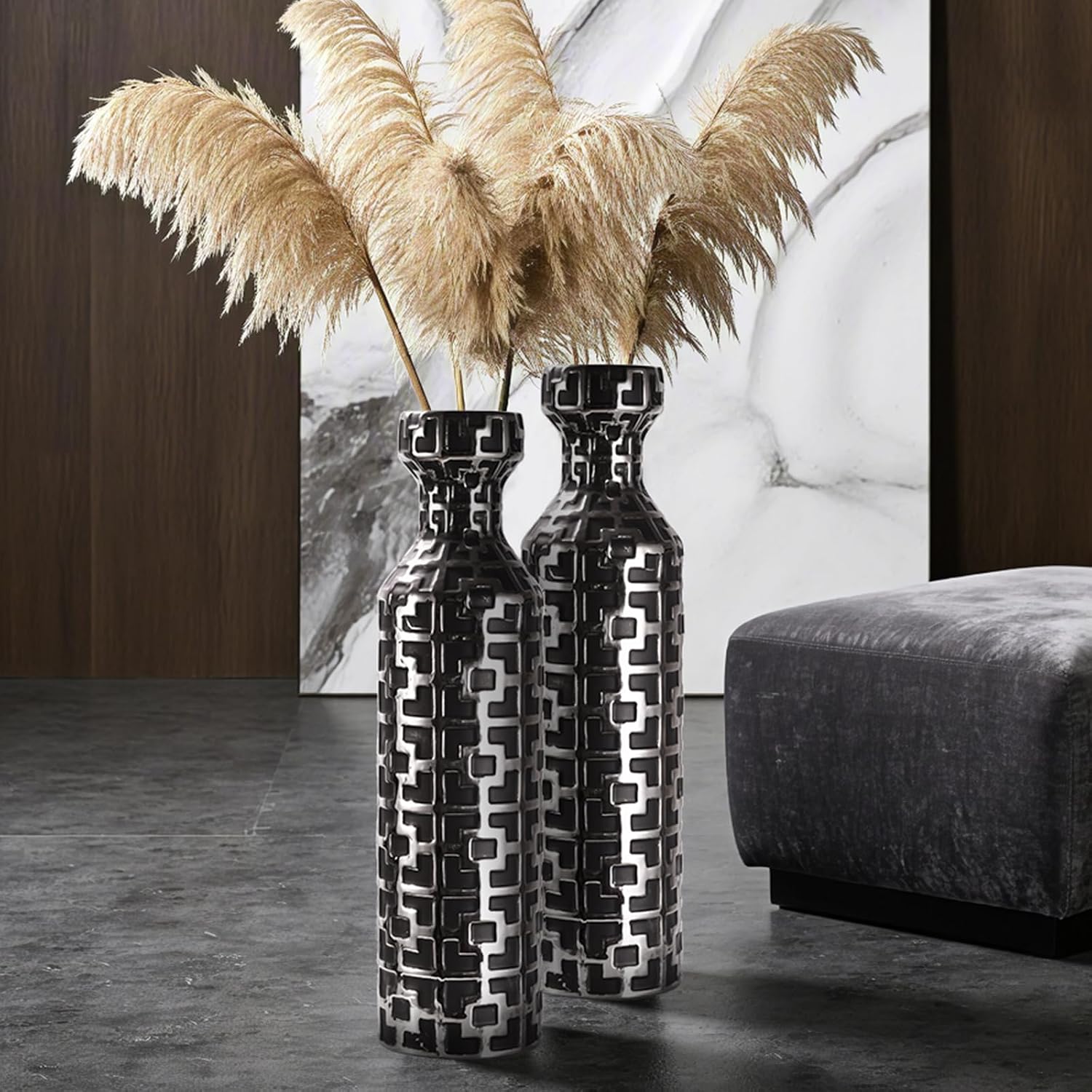 24.4 inch Tall Floor Vases Set of 2. Black Vase with Silver Geometric Patterns, Ceramics Modern Flower Vases for Living Room, Entryway, Indoor/Outdoor Decor, Large Vase for Home Decor