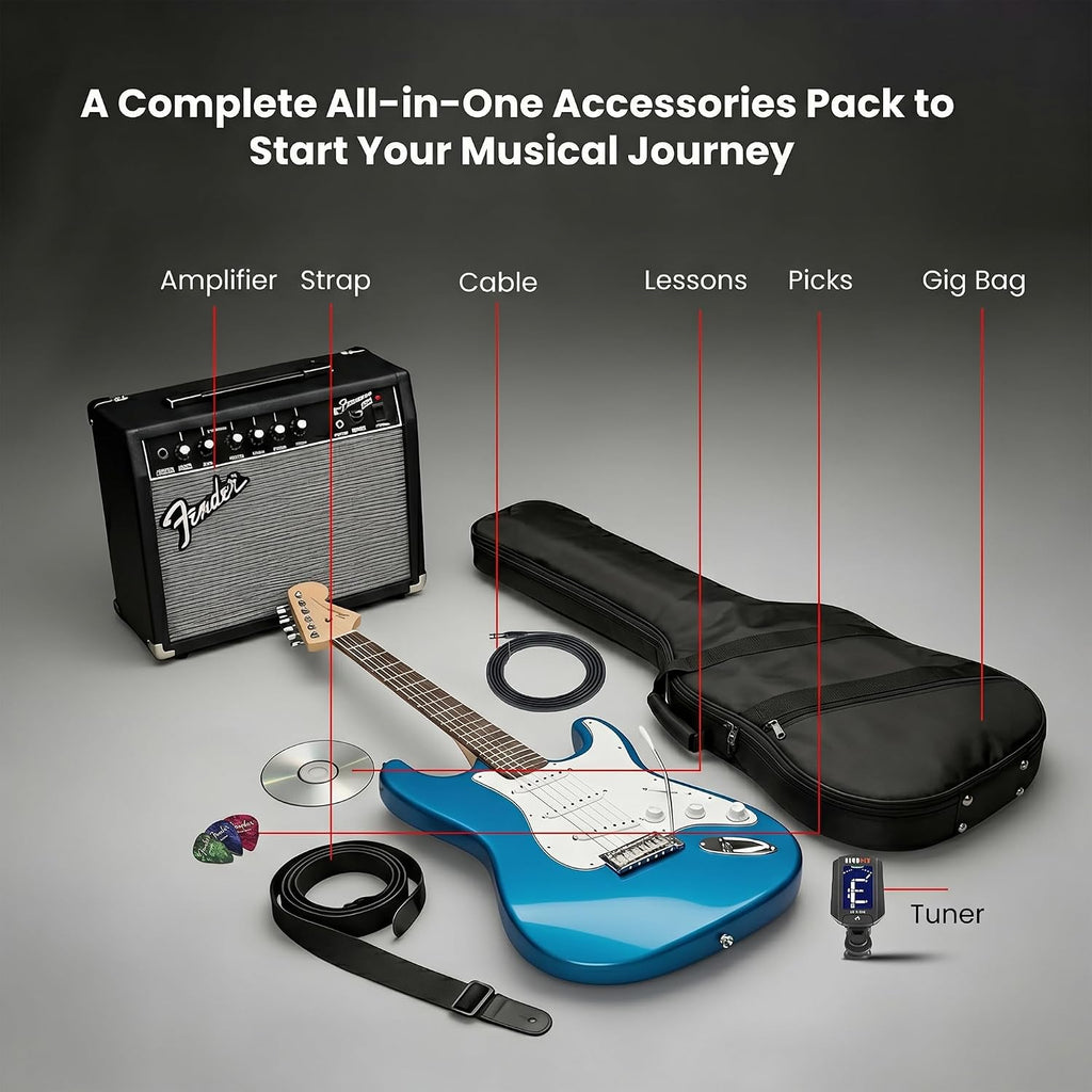 Fender Squier Affinity Stratocaster HSS - Lake Placid Blue Bundle with Frontman 15G Amplifier, Instrument Cable, Gig Bag, Tuner, Strap, Picks, and Austin Bazaar Instructional DVD
