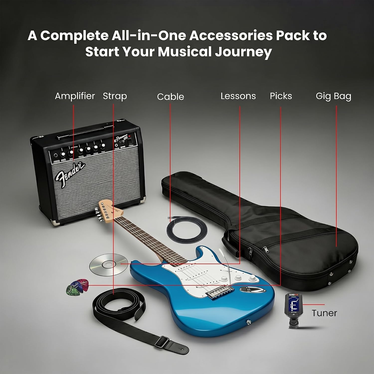 Fender Squier Affinity Stratocaster HSS - Lake Placid Blue Bundle with Frontman 15G Amplifier, Instrument Cable, Gig Bag, Tuner, Strap, Picks, and Austin Bazaar Instructional DVD
