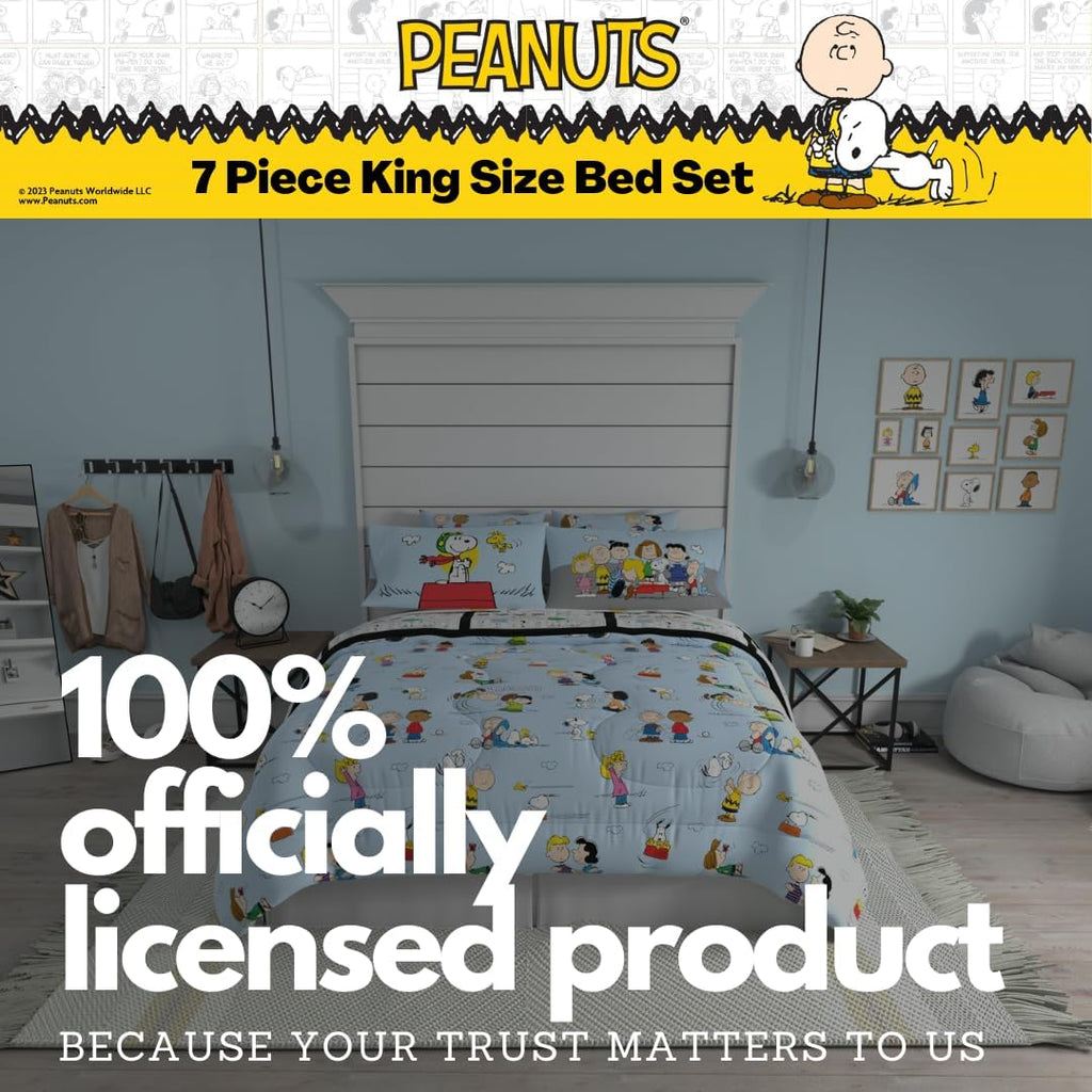 Peanuts® Charlie Brown, Snoopy & Gang Bedding, 7 Piece Super Soft Cozy Reversible Comforter and Sheet Set with Sham, King, (100% Official Licensed Product) by Franco Collectibles