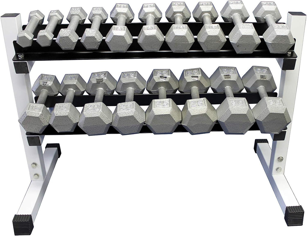 Ader Heavy Duty Flat Bench and 2 Tier 36' Rack & 3-45 lb 9 pair Grey Hex Dumbbells