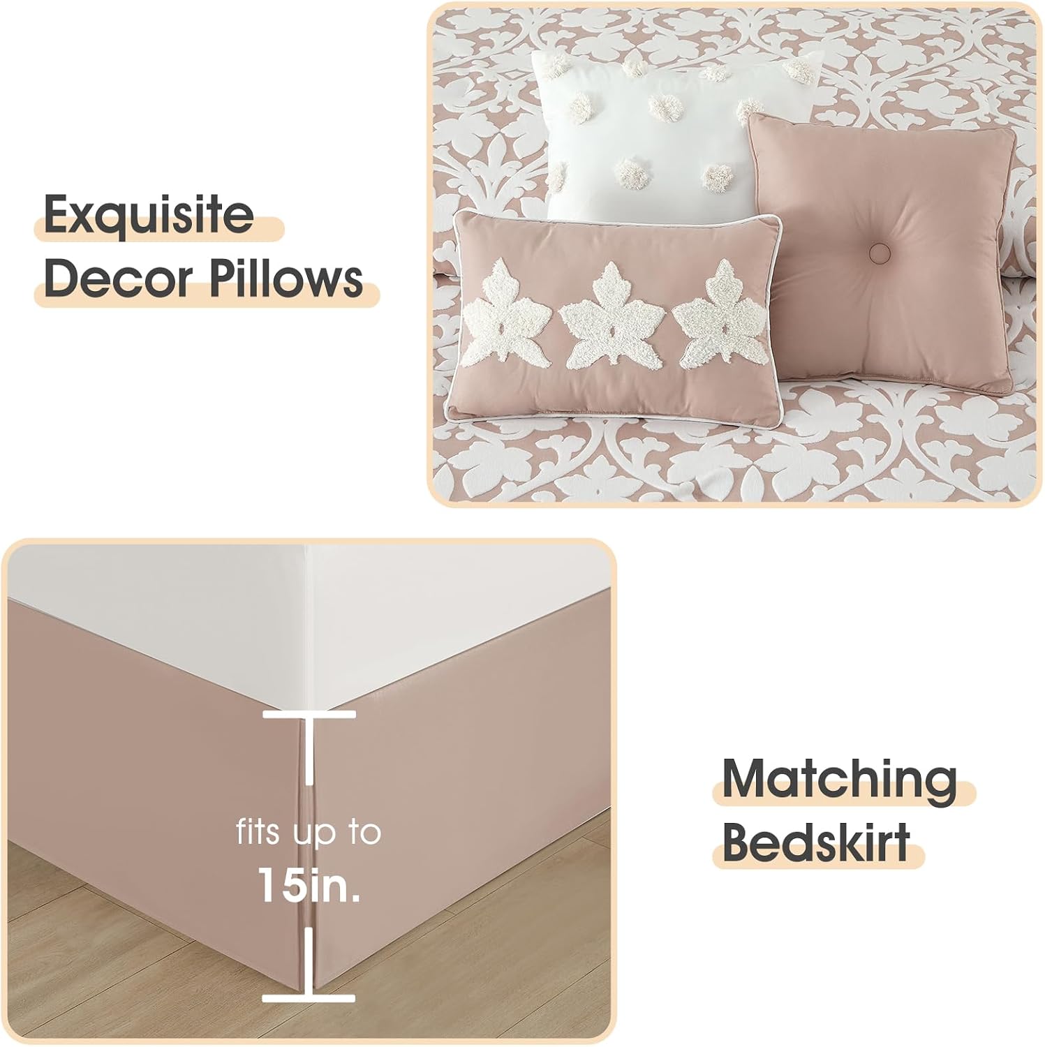 LANCO MODERN LIFESTYLE 7 Pieces Comforter Set, King, Blush, Jacquard Floral Pattern and Classy Damask Medallion Design, Ultra Soft, Includes Bed Skirt, Shams, and Decorative Pillows