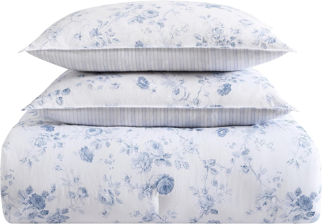 Laura Ashley - Queen Comforter Set, 100% Cotton Bedding, Medium Weight for Year-Round Comfort, Reversible Floral Design, Includes Comforter and Shams, Belinda Blue