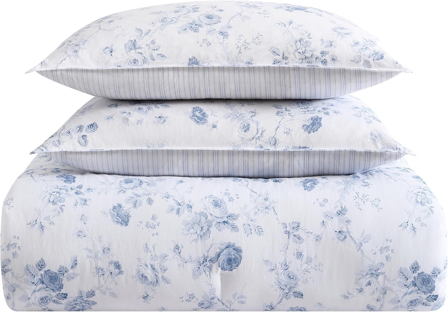 Laura Ashley - Queen Comforter Set, 100% Cotton Bedding, Medium Weight for Year-Round Comfort, Reversible Floral Design, Includes Comforter and Shams, Belinda Blue