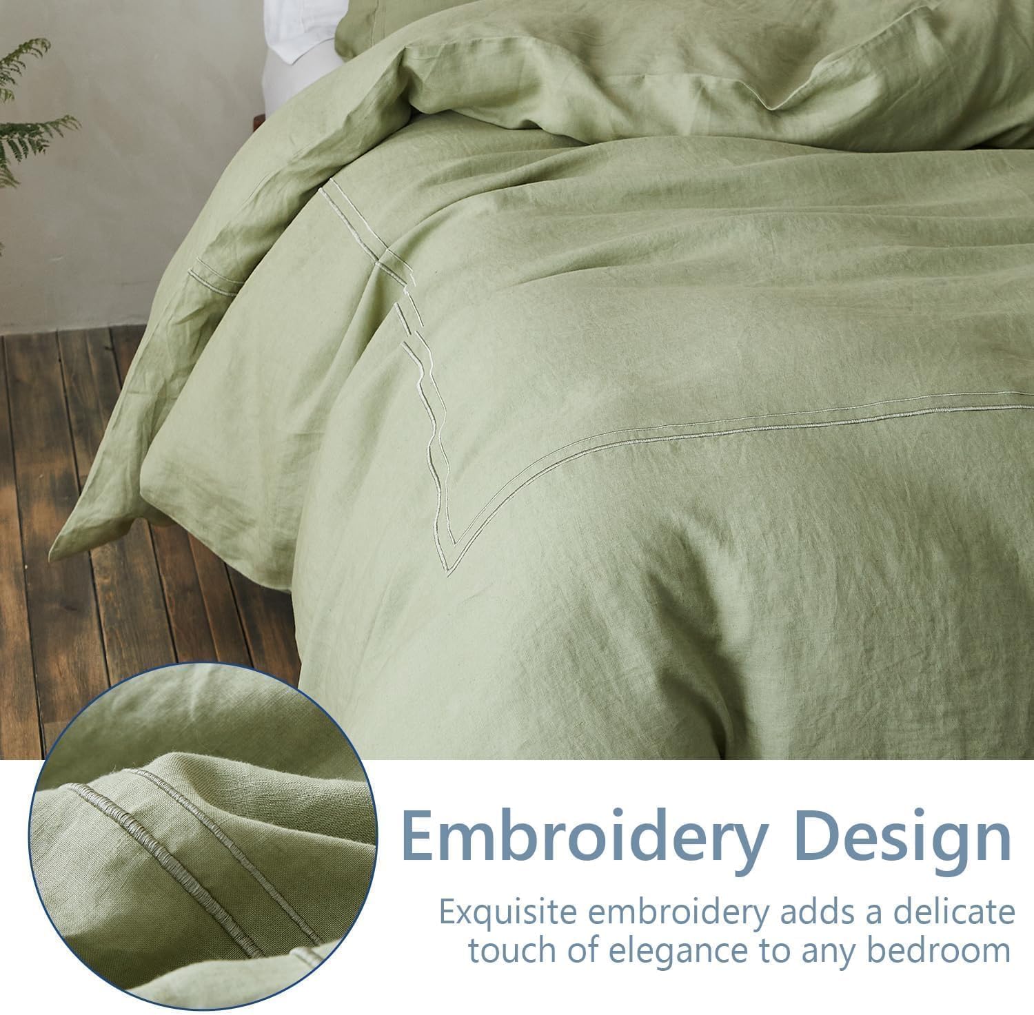 Simple&Opulence 100% Washed Linen Duvet Cover Set 104'x92' - 3 Pieces Soft Farmhouse Comforter Set Double Embroidered with Button Closure - 1 Duvet Cover and 2 Pillowshams (Sage Green, King)
