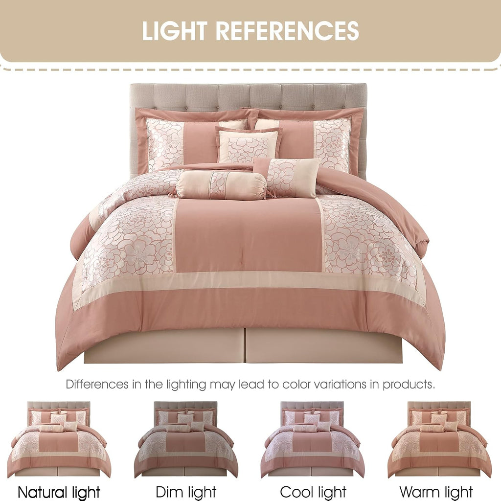 Grand Avenue Blush Comforter Set King Size, 7 Piece Jacquard Soft Bedding Set, All Season, Bedskirt, Pillows & Shams