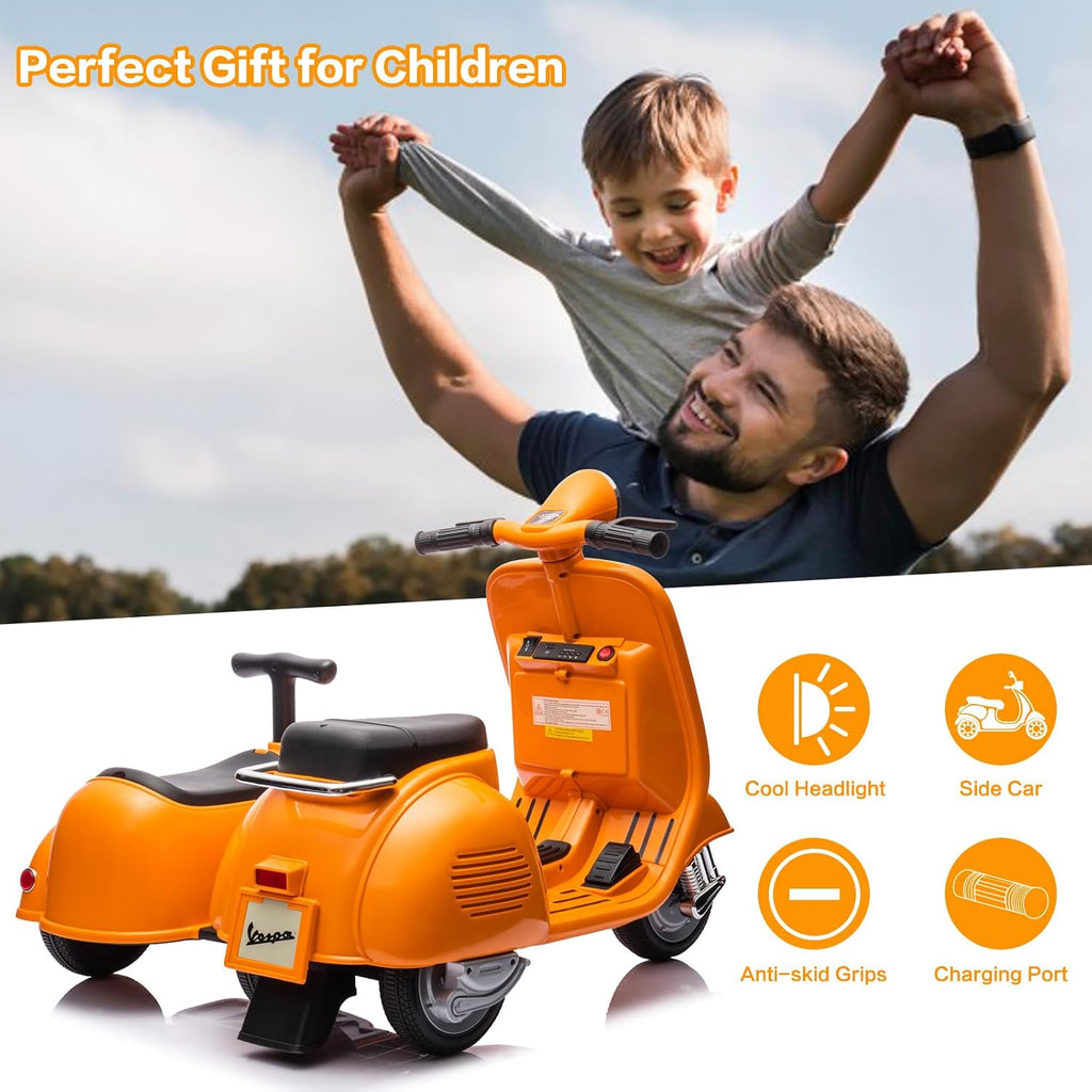 Licensed Vespa Kids Ride On Car with Side Car & Speaker | Motorcycle 2 Seater Three Wheeled Toy Car Rechargeable with Music Player, Volume Button, Lights, USB Plug, Forward, Backward, Orange