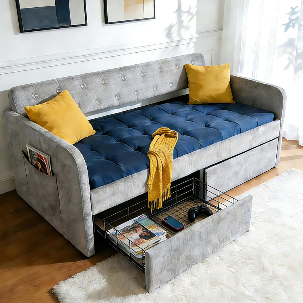 VINGLI Twin Size Daybed with 2 Storage Drawers and Pockets, Chenille Fabric with Diamond Buttons, Upholstered Comfy Sleeper Couch Sofa Bed for Living Room, Movie Room, Bedroom, Gray