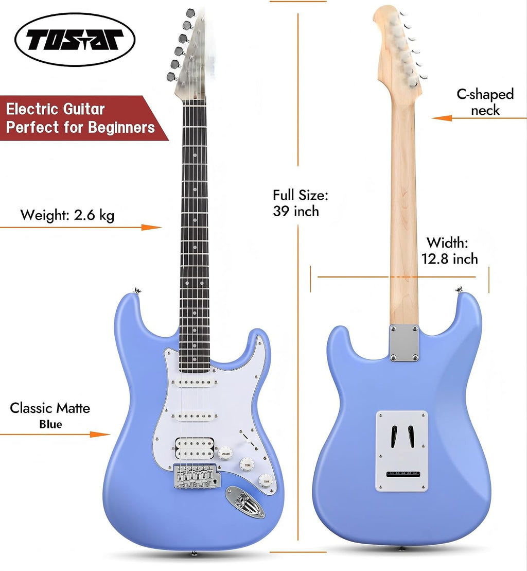 Tostar Beginner Electric Guitar, Solid Body, 39' Full Size Strat Style with HSS Pickups, 5-Way Switch, Tremolo Bridge, Maple Neck & Tectona Fretboard, Ideal for Beginners and Gifting, Blue
