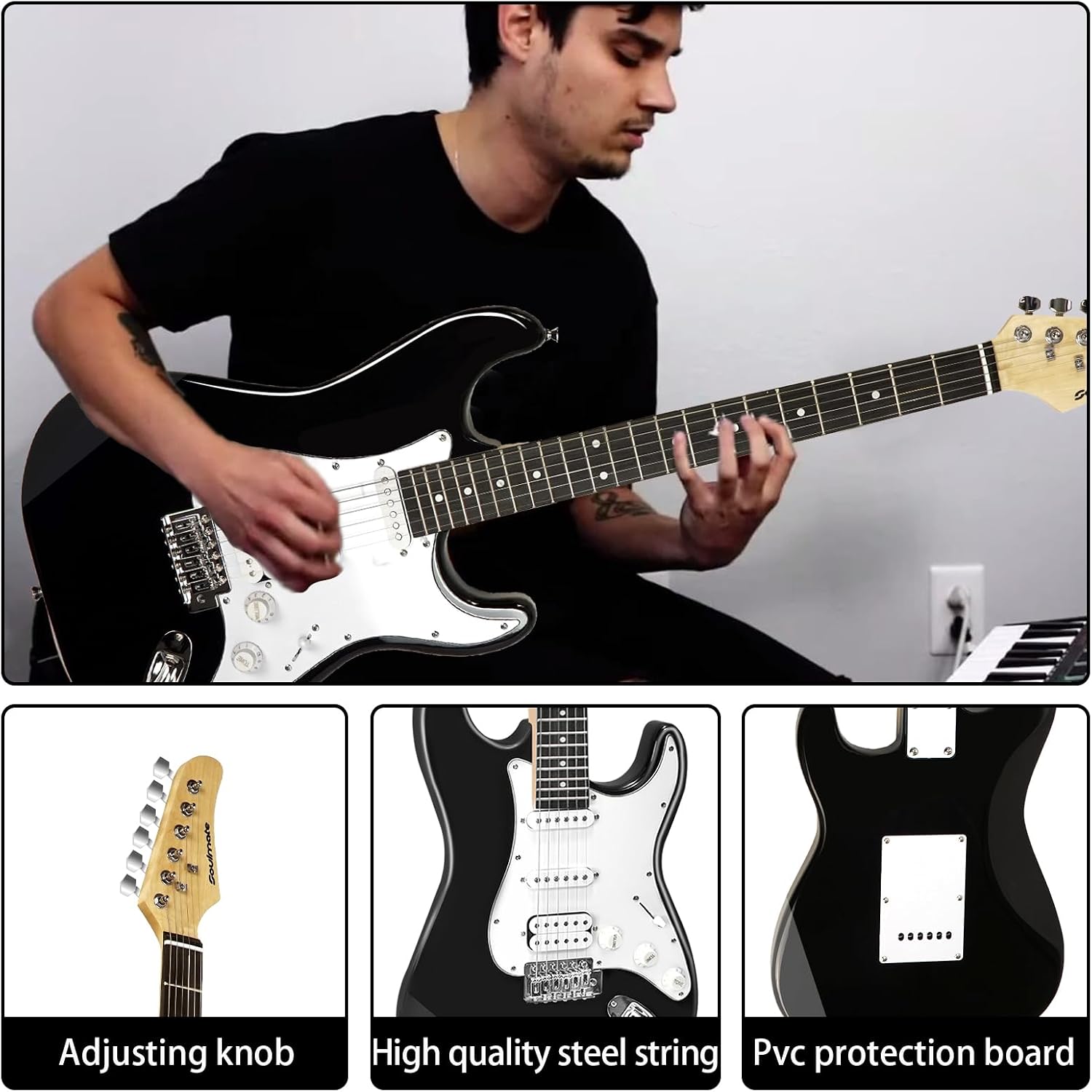 Soulmate Electric Guitar Kit for Beginner 39 Inch Full Size HSS Pick Up Right Handed Starter Solid Body Electric Guitar, with Amplifier, Bag, Capo, Strap, String,Cable, Picks, Black