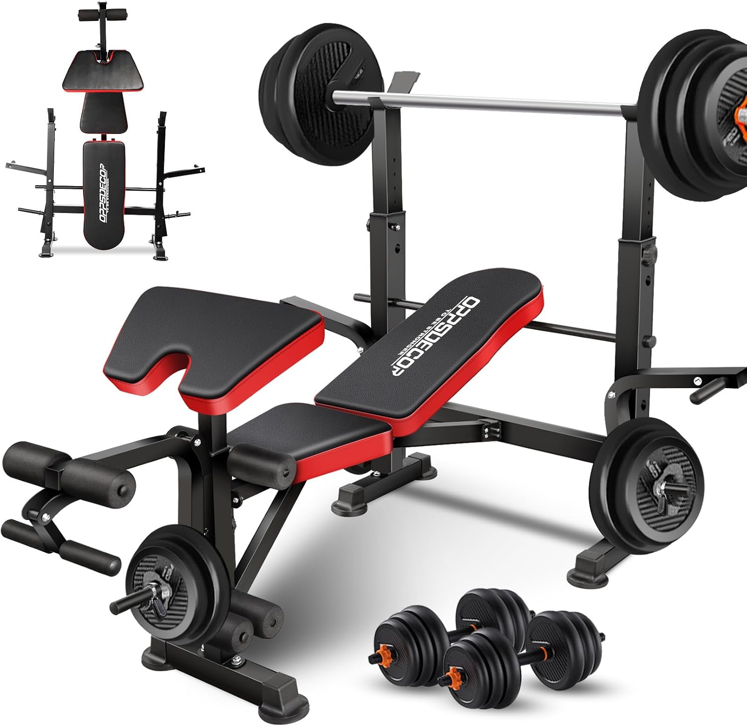 OPPSDECOR 900lbs 6 in 1 Weight Bench Set with Squat Rack, Workout Bench with Leg Extension Preacher Curl Rack Multi-Function Bench Press Set for Home Gym, ZWX1113 New Version Weight Bench