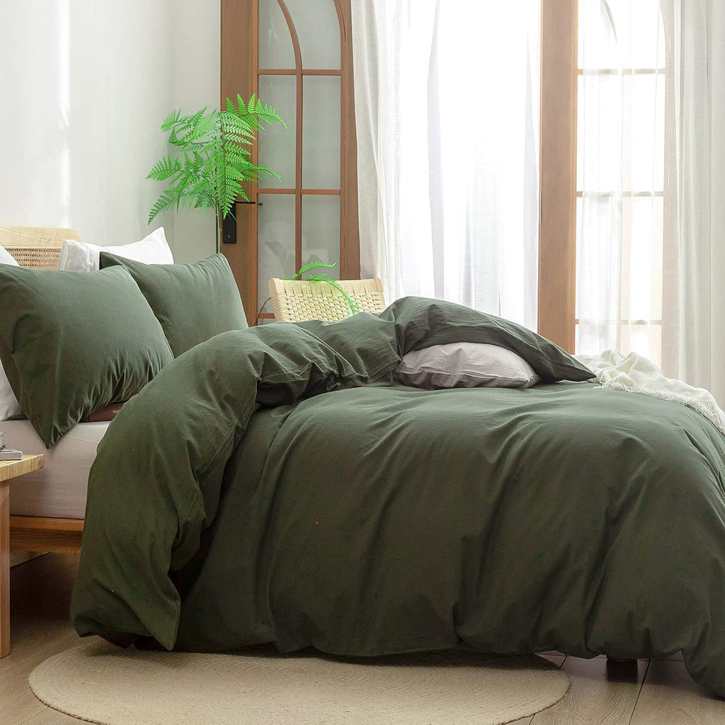 BESTOUCH Duvet Cover Set 100% Washed Cotton Linen Feel Super Soft Comfortable Chic Lightweight 3 PCs Home Bedding Set Solid Olive Green Super King Plus