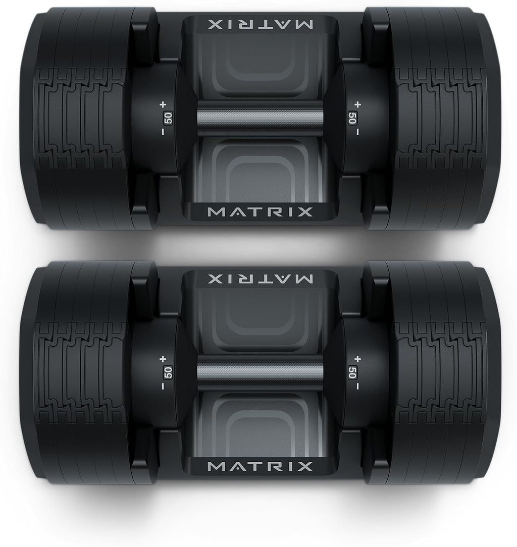 Matrix Fitness DB50 50 lb. Adjustable Dumbbells | Quick Adjustments for Strength and HIIT Training | Replaces 10 Dumbbell Pairs, Flat Bottom Roll Free Design for Safe Storage