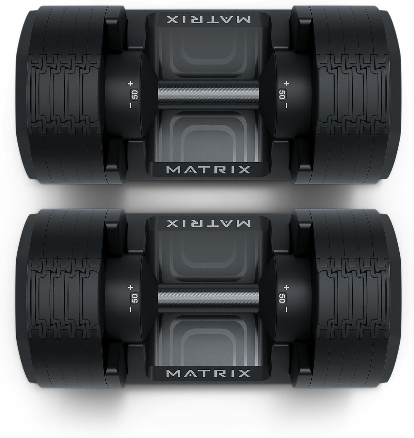 Matrix Fitness DB50 50 lb. Adjustable Dumbbells | Quick Adjustments for Strength and HIIT Training | Replaces 10 Dumbbell Pairs, Flat Bottom Roll Free Design for Safe Storage