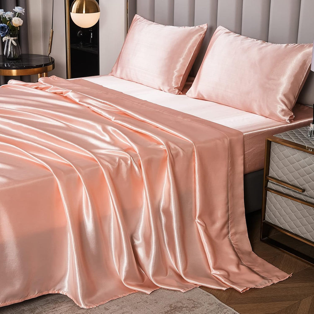 Herside Pink Satin Comforter Set 7 Pieces King Size Bed in a Bag Luxurious Satin Bedding Set with Comforter Pillowcases and Sheets Sets Mini Pompoms Design Super Soft Silky Bed Set for All Seasons