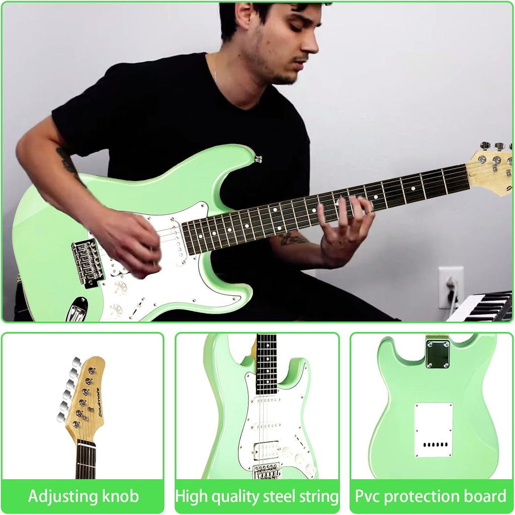 Soulmate Electric Guitar Kit, 39' Beginner Electric Guitar Solid Body Full Size HSS Pick Up for Starter, with Amplifier, Bag, Capo, Strap, String,Cable, Picks, Green