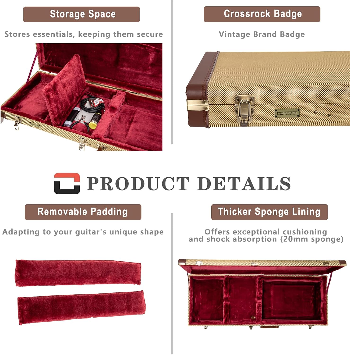 Crossrock Master Series Electric Guitar Case for Fender Stratocaster & Telecaster | Fabric Tweed Exterior, Re-Engineered Wooden Shell, Leather Handle(CRW720EFT)