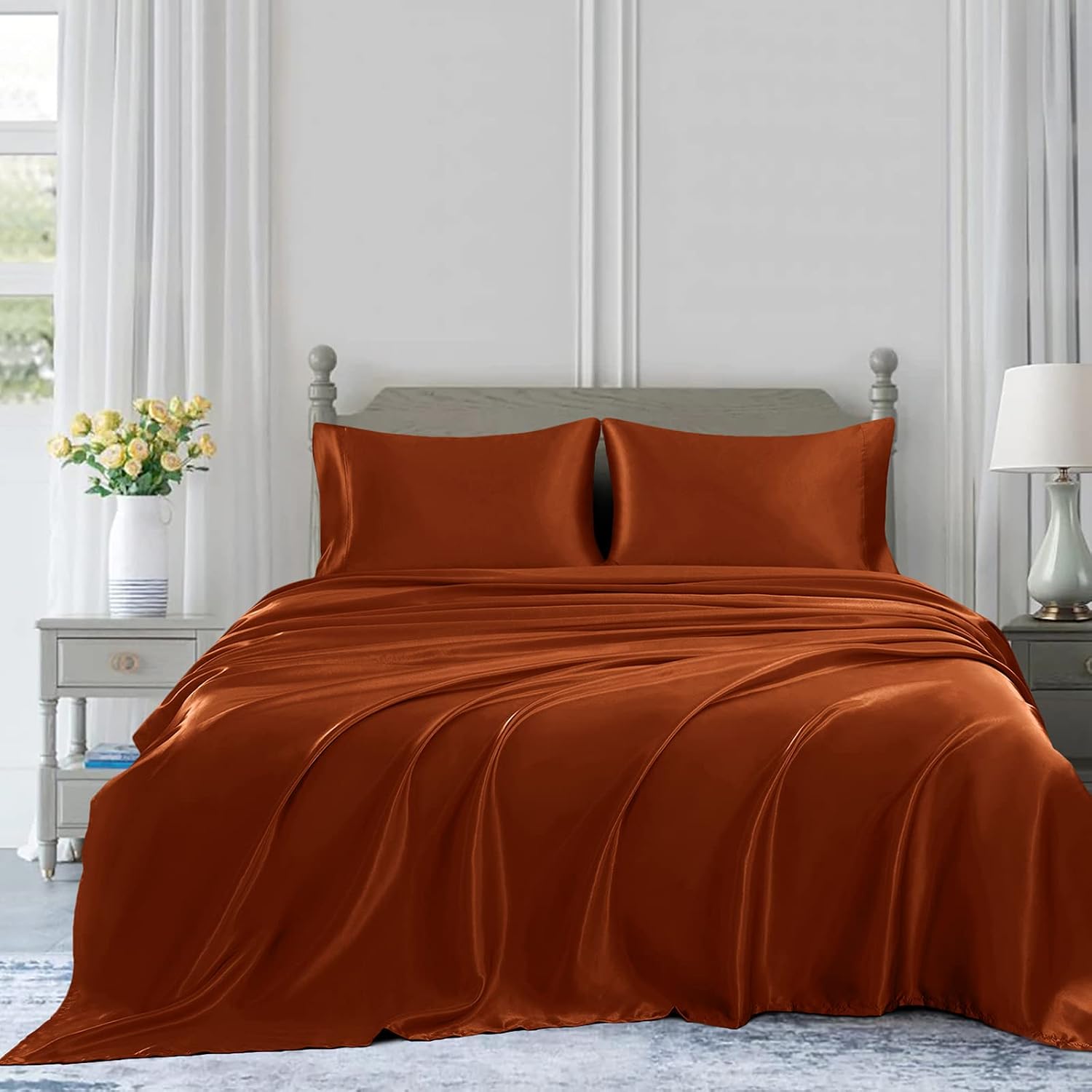 22 Momme 100% Mulberry Silk Bedding Set - 4-Piece Luxury Queen Size (2 Pillowcases, 1 Fitted Sheet, 1 Flat Sheet) - Fits 14-16' Deep Pocket (Solid, Burnt Orange)