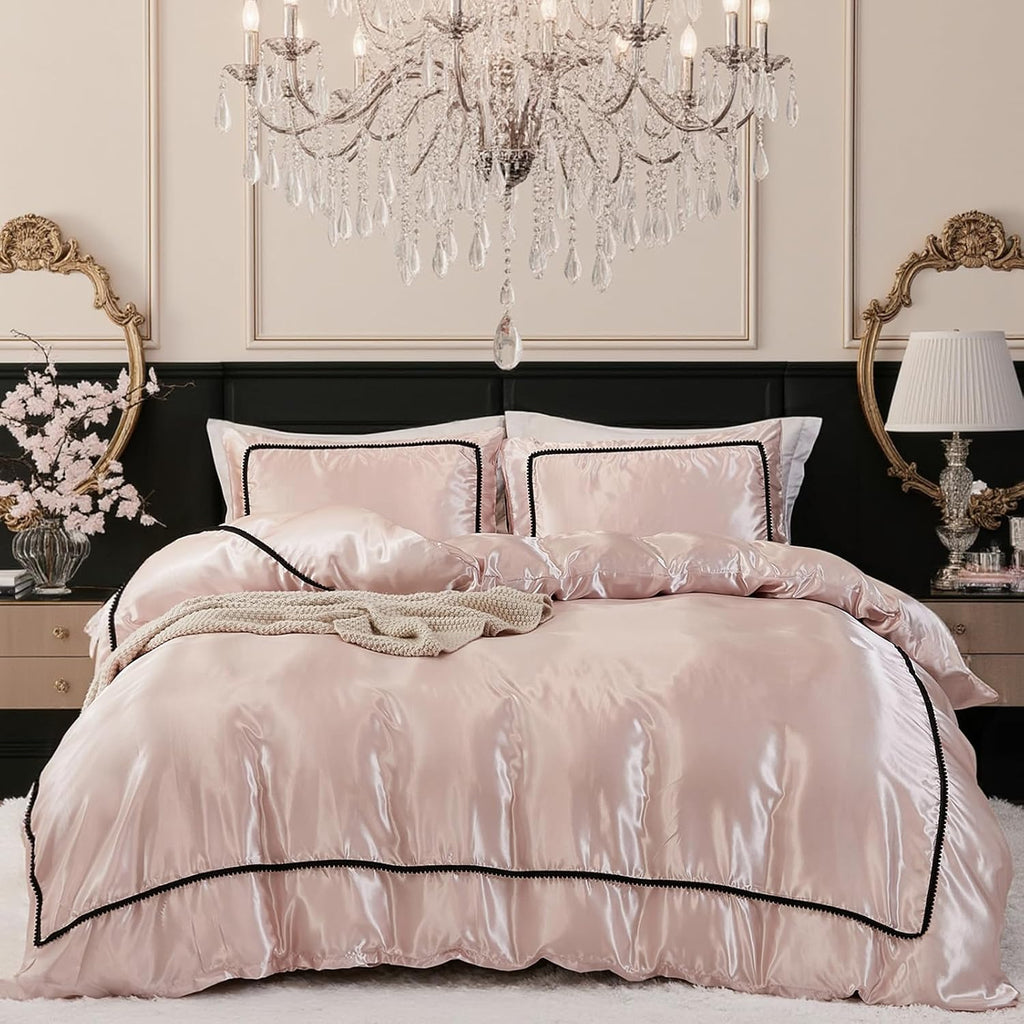 Herside Pink Mocha Satin Comforter Set 7 Pcs King Size Bed in a Bag Luxury Satin Bedding Set with Comforter Pillowcases and Sheets Sets Mini Pompoms Design Super Soft Silky Bed Set for All Seasons