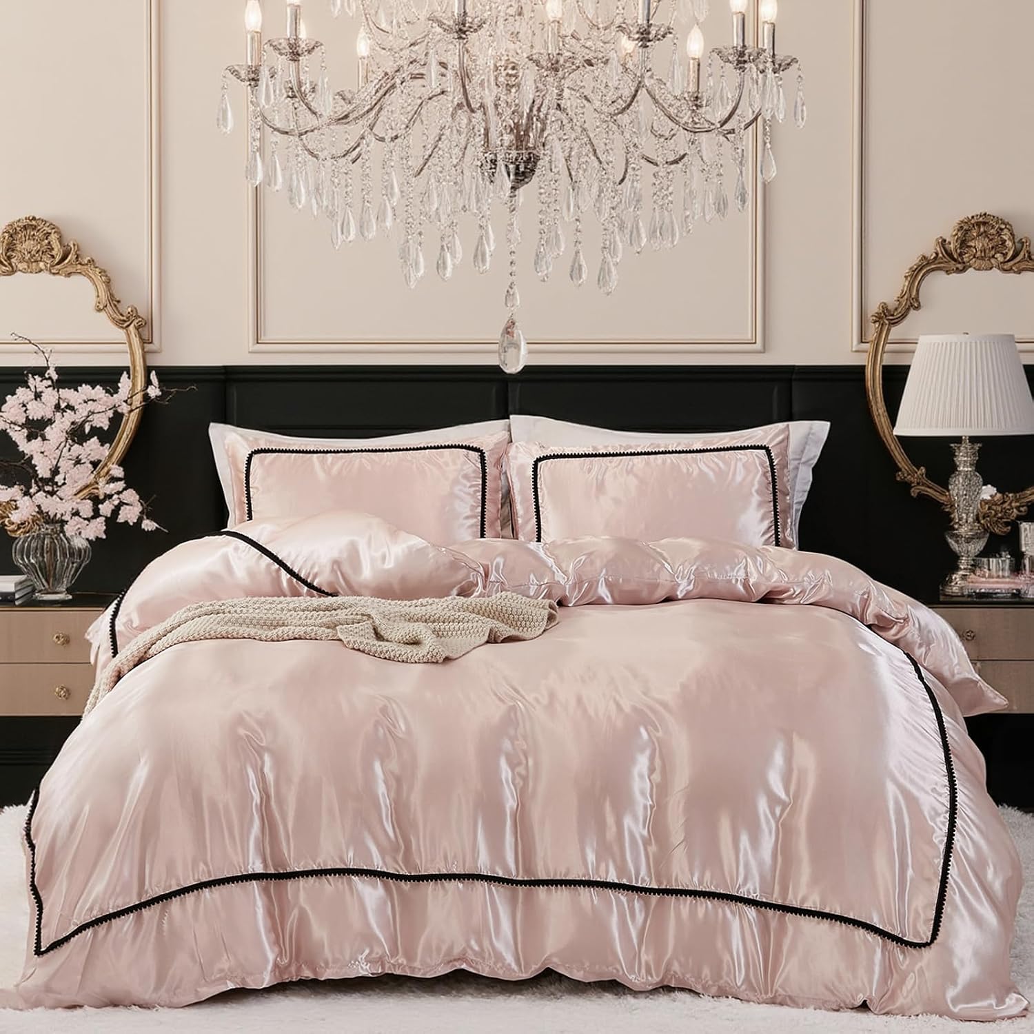 Herside Pink Mocha Satin Comforter Set 7 Pcs King Size Bed in a Bag Luxury Satin Bedding Set with Comforter Pillowcases and Sheets Sets Mini Pompoms Design Super Soft Silky Bed Set for All Seasons