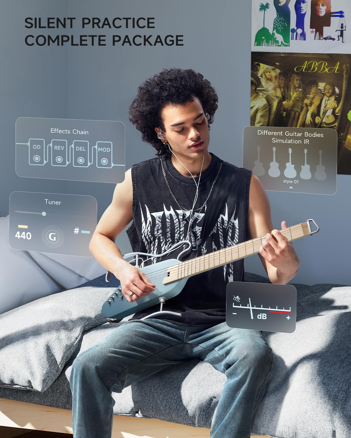 Donner Acoustic Electric Guitar HUSH I PRO Travel Guitar with Multiple Effect Modes Smart Guitarra Kit of Earphone, Gig Bag, Strap, Charging Cable, Hawaiian Blue