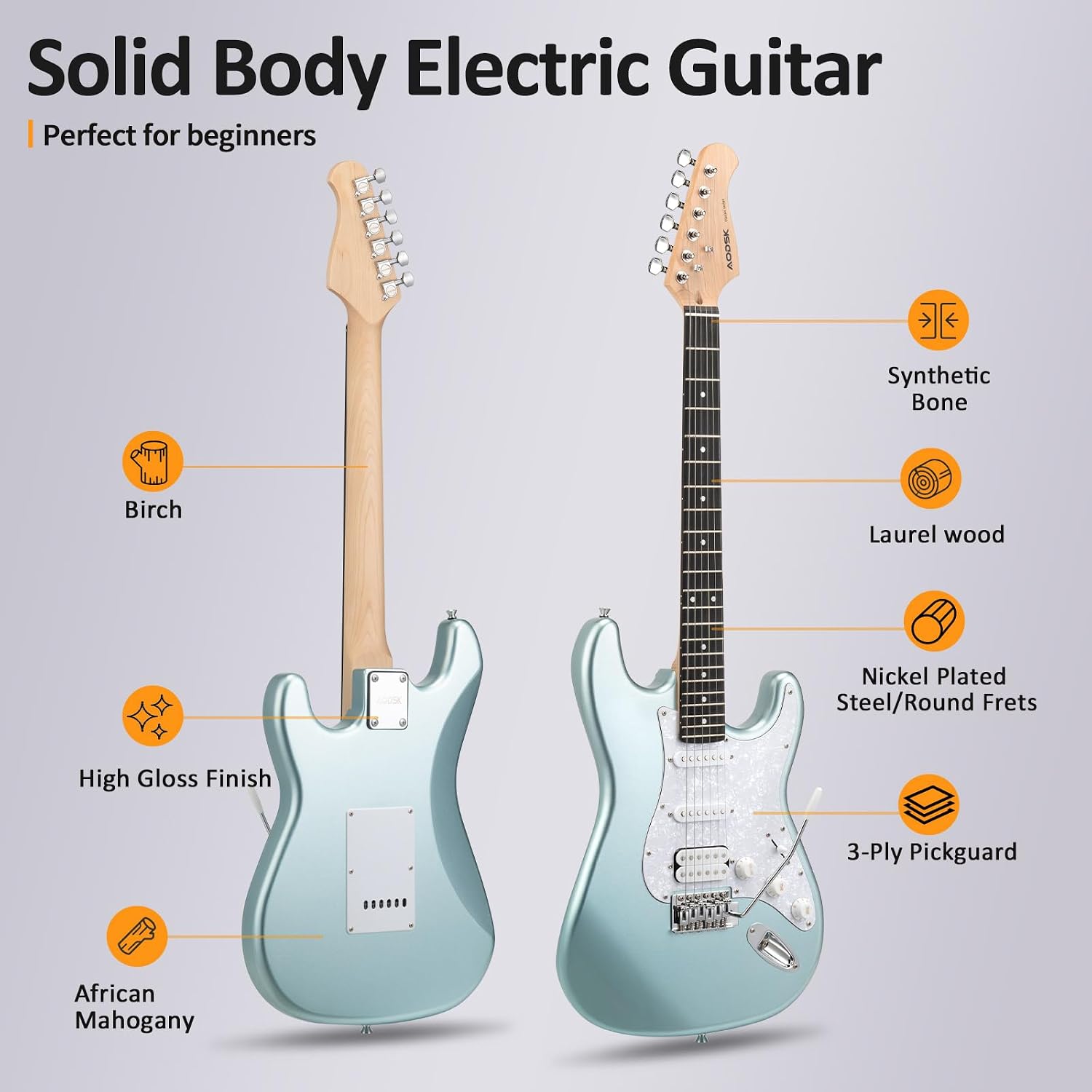 AODSK Electric Guitar, 39' Beginner Electric Guitar Kit, Matte Finish, HSS Pickups, Guitar Starter Kit with AMP, Includes Digital Tuner, Strings, Pick, Vibrato Bar, Capo, Strap, Gig Bag, Blue