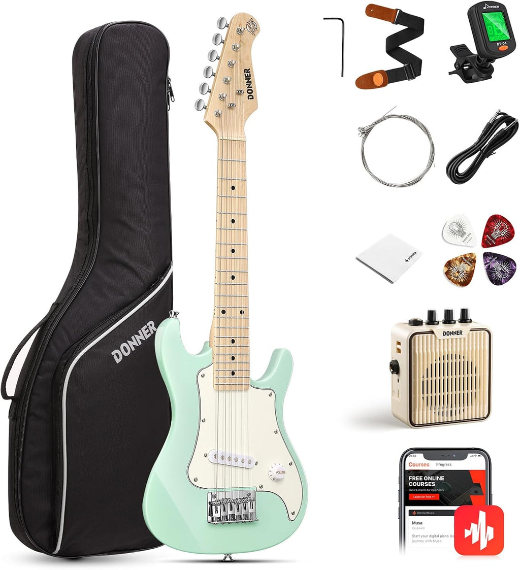 Donner 30 Inch Kids Electric Guitar Beginner Kits ST Style Mini Electric Guitar for Boys Girls with Amp, 600D Bag, Tuner, Picks, Cable, Strap, Extra Strings, DSJ-100, Green