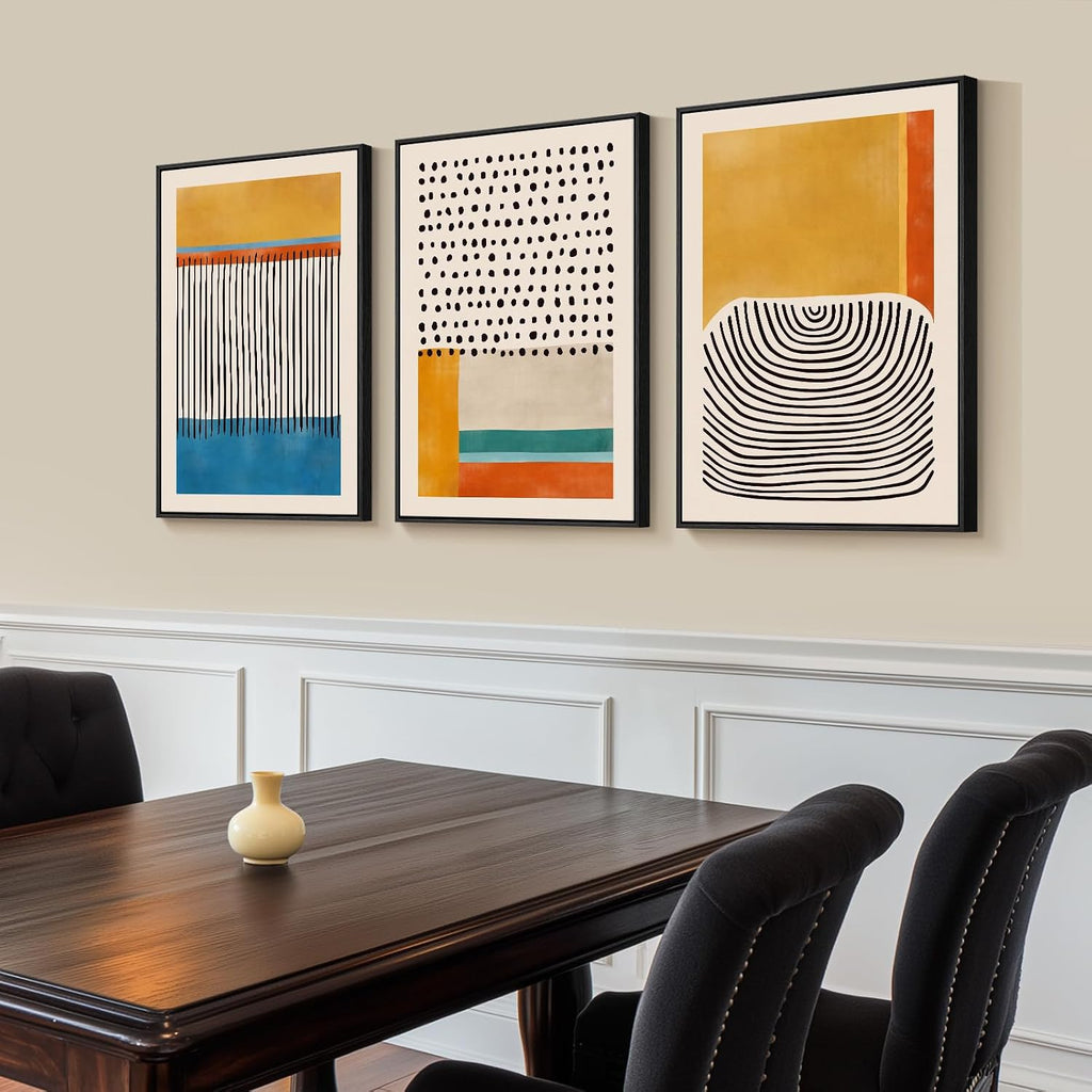 Large Framed Colorful Abstract Wall Art for Living Room, 3 Piece Mid Century Modern Canvas Paintings Prints Artwork for Walls, Yellow Pictures Wall Decor for Bedroom Home Office Hallway, 20x30 Inch