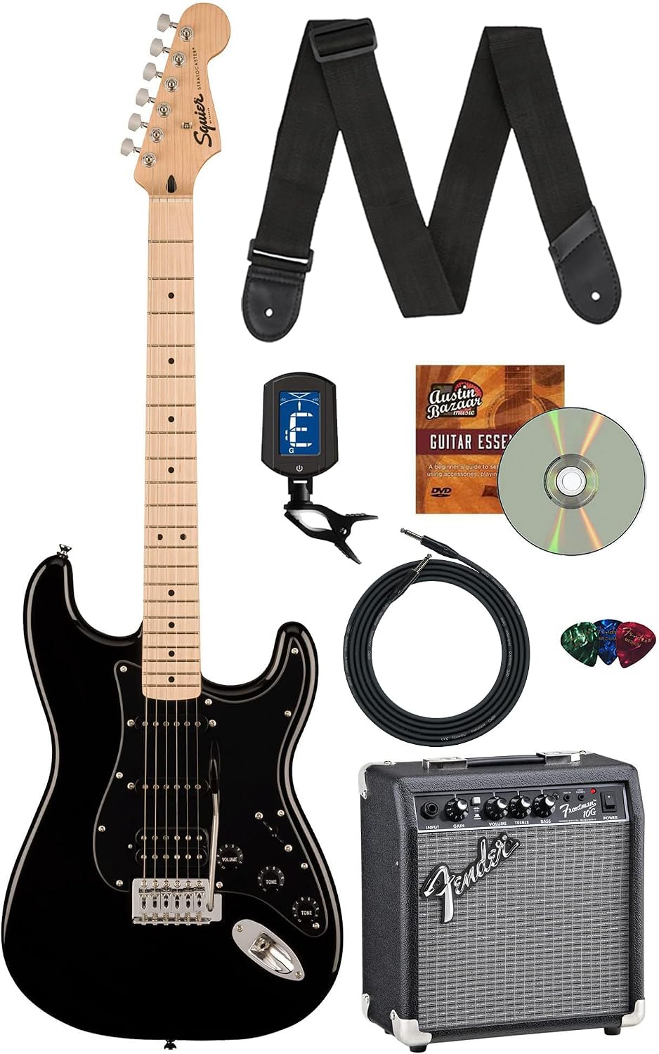 Fender Squier Sonic Stratocaster HSS - Black Bundle with Frontman 10G Amp, Tuner, Strap, Cable, Picks, and Austin Bazaar Guitar DVD