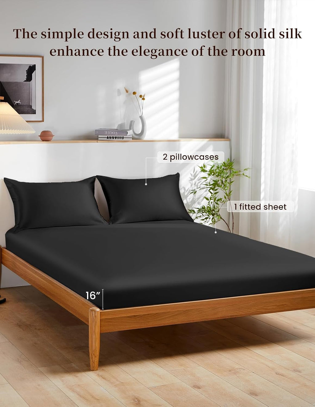 THXSILK 100% Mulberry Silk Bed Sheet Set - 3pcs Pure Silk Sheet Set - 16' Deep Pocket Fitted Sheet, 2 Pack Silk Pillowcase with Zipper Closure - Full Size, Black