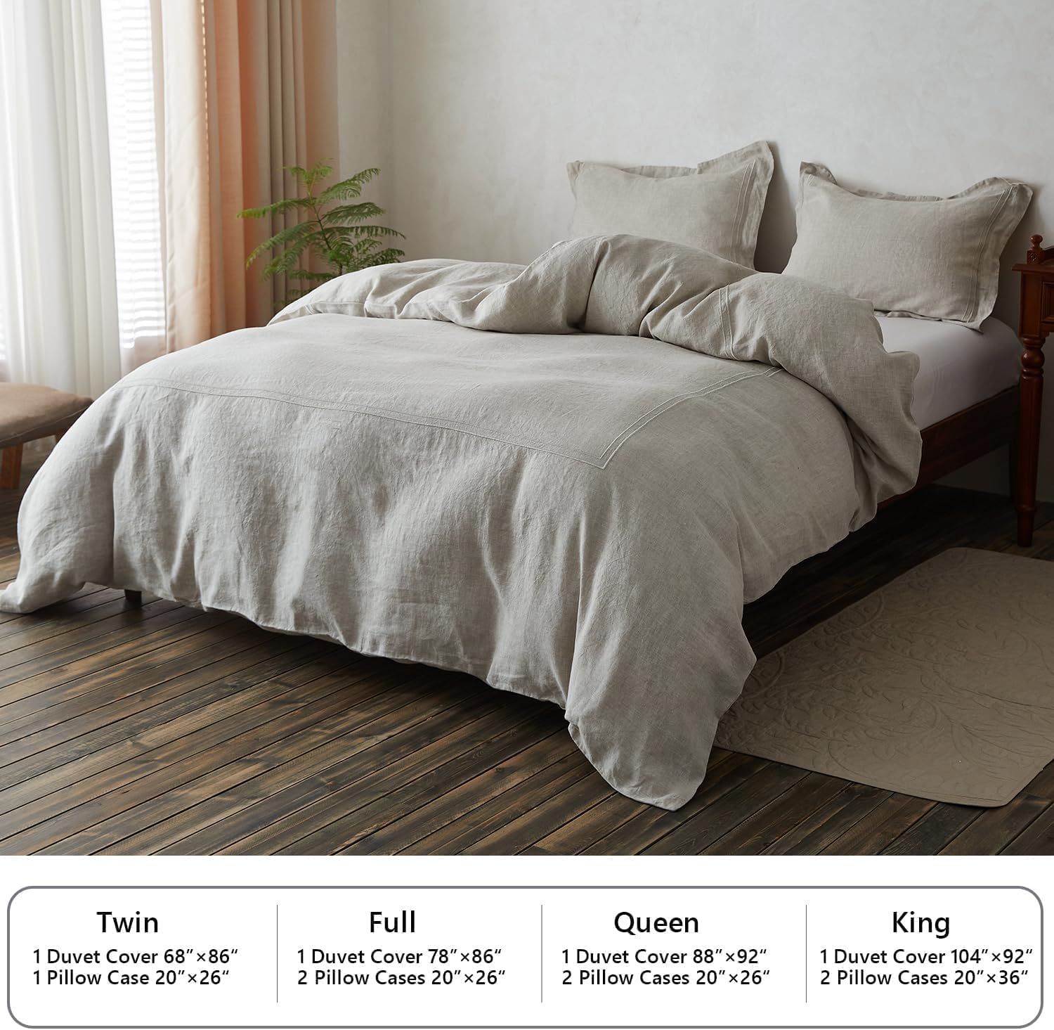 Simple&Opulence 100% Washed Linen Duvet Cover Set 104'x92' - 3 Pieces Soft Farmhouse Comforter Set Double Embroidered with Button Closure - 1 Duvet Cover and 2 Pillowshams (Linen, King)