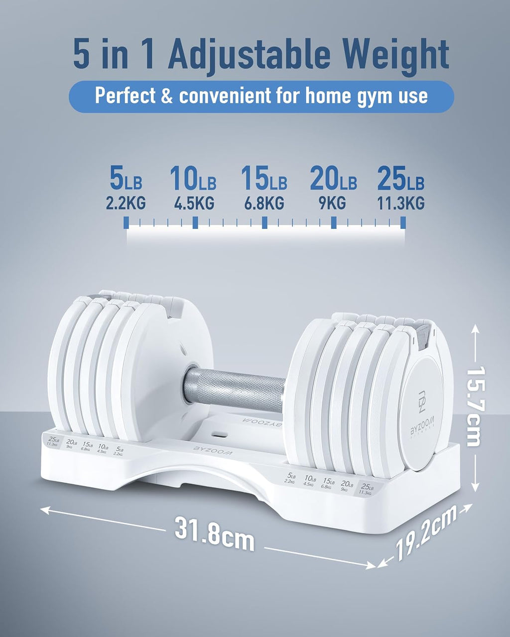 BYZOOM FITNESS White 25lb Adjustable Dumbbell & Dumbbell Stand Set for Weight Training Fitness Exercise Body Workout