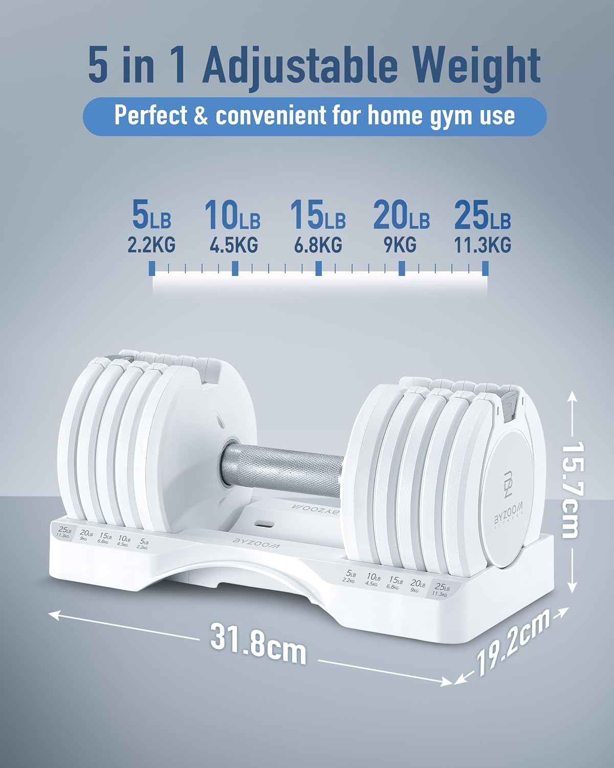 BYZOOM FITNESS White 25lb Adjustable Dumbbell & Dumbbell Stand Set for Weight Training Fitness Exercise Body Workout