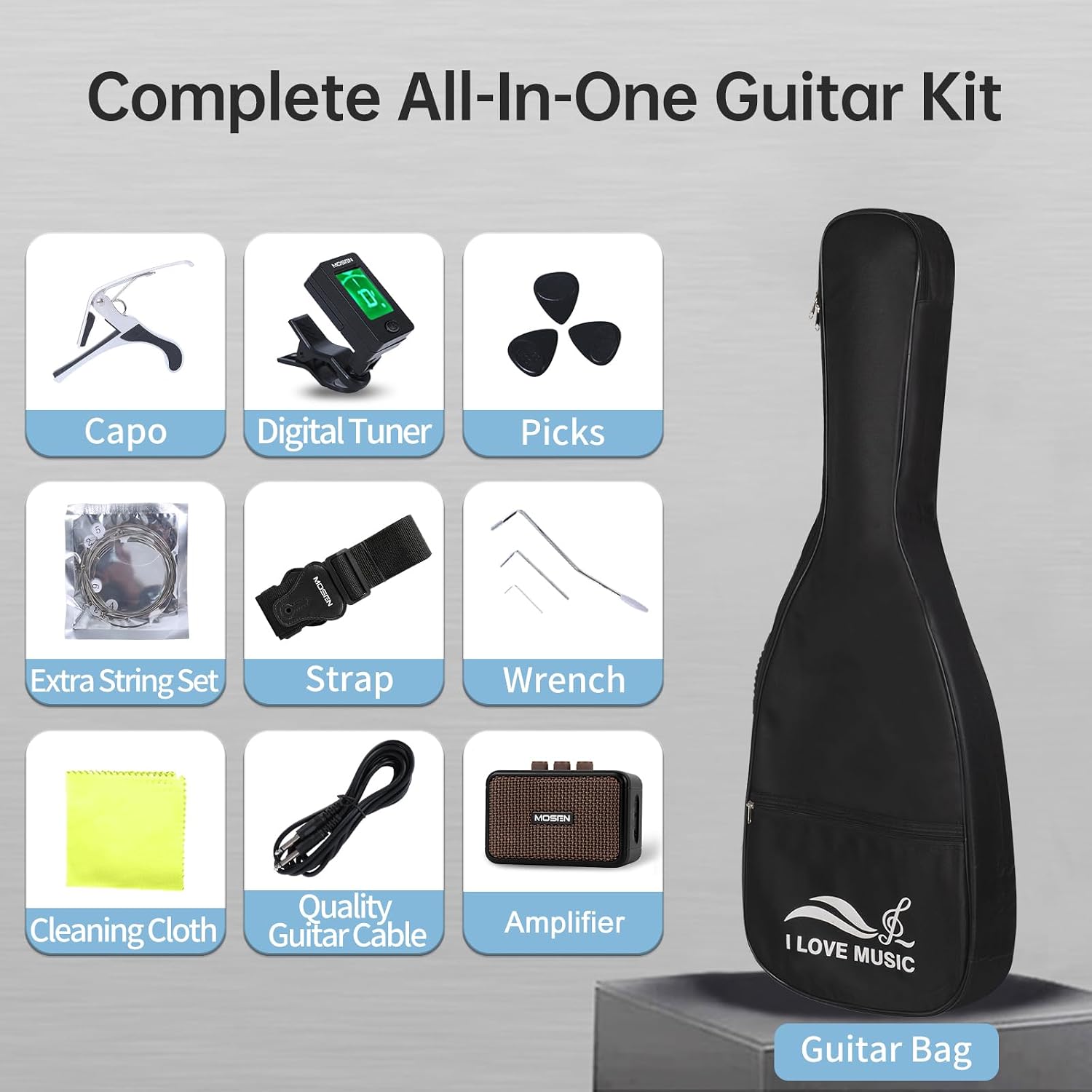 Mosen 39 Inch Electric Guitar with HSS Pickups & Single-Coil Tremolo System - with 5W Amp, Techwood Fingerboard, C-Shaped Satin Neck, All Accessories Included Gig Bag, Tuner, String, Capo, Strap