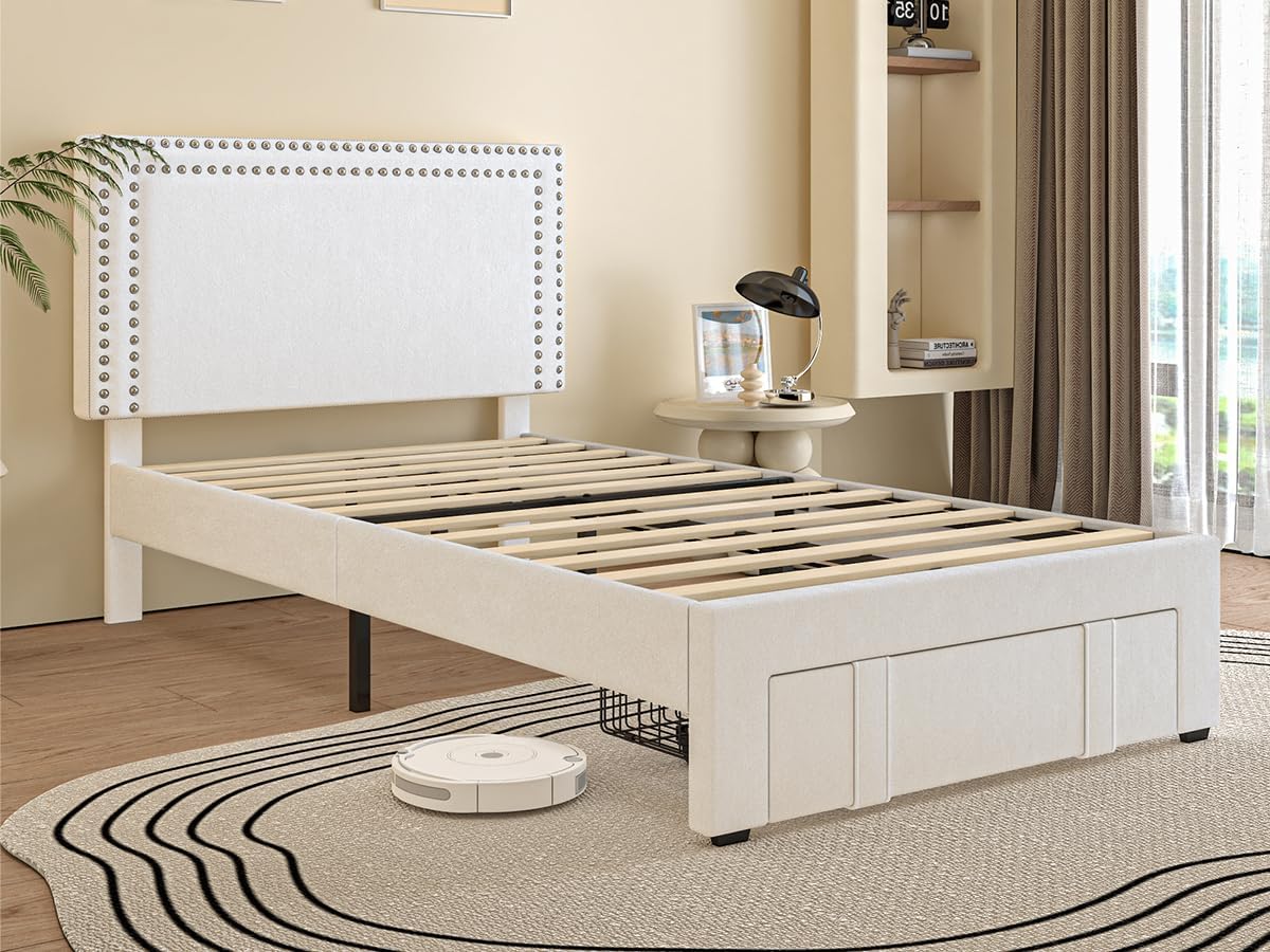 VECELO Twin Size Upholstered Bed Frame with Storage Drawer, Adjustable Velvet Rivet Decor Headboard, Wooden Slats Platform Support, No Box Spring Needed, Easy Assembly,White