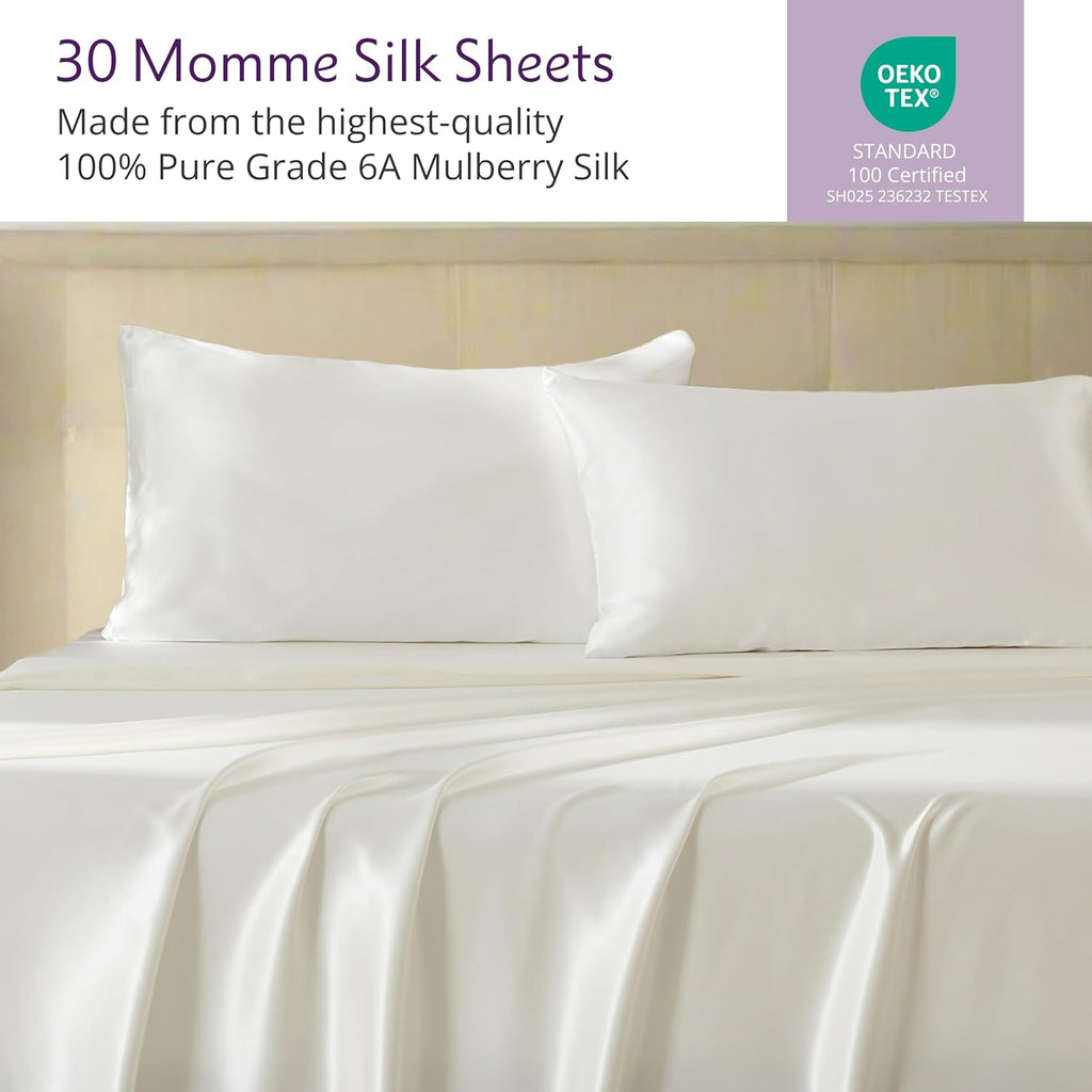 Mulberry Park 100% Silk Sheet Set - 30 Momme, Grade 6A Charmeuse Mulberry Silk - 4pc Set, Cal-King Size with 16' Deep Pocket Fitted Sheet, Ivory