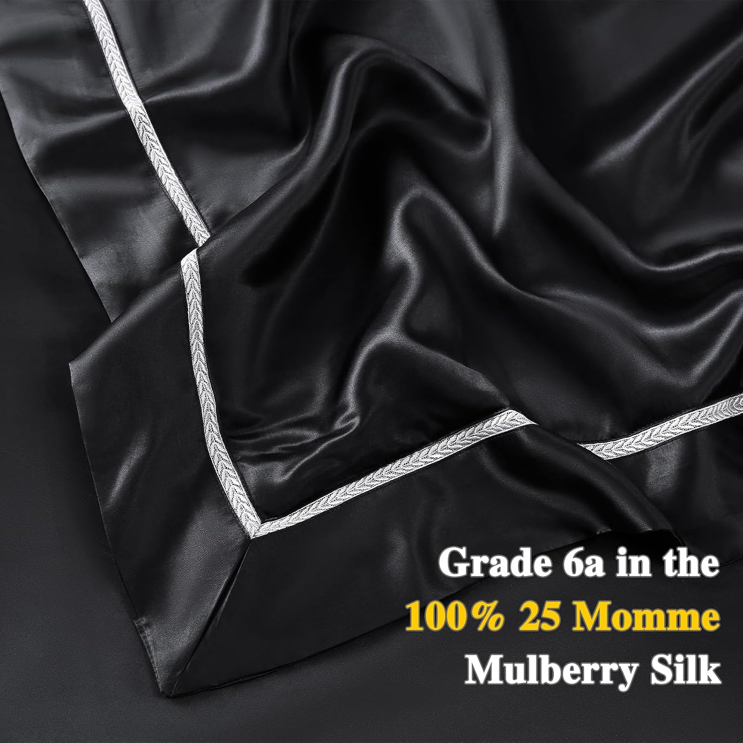 YOUR MOON 100% Mulberry Silk Sheets Set King Size 4 Pcs, 25 Momme Mulberry Silk Bed Sheets, Ultra Soft Luxury Bedding Sets, 1 Fitted Sheet, 1 Flat Sheet, 2 Pillow Shams (Black)