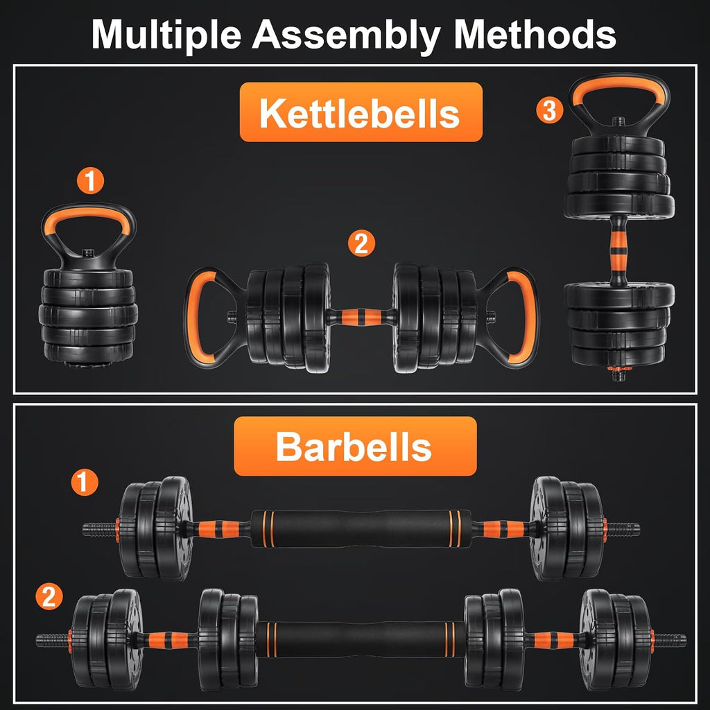 Adjustable Dumbbell Set, 22/44/66/88lbs Free Weights, 4-in-1 Barbell & Kettlebell Set, Non-slip Handles, Fitness for Men & Women
